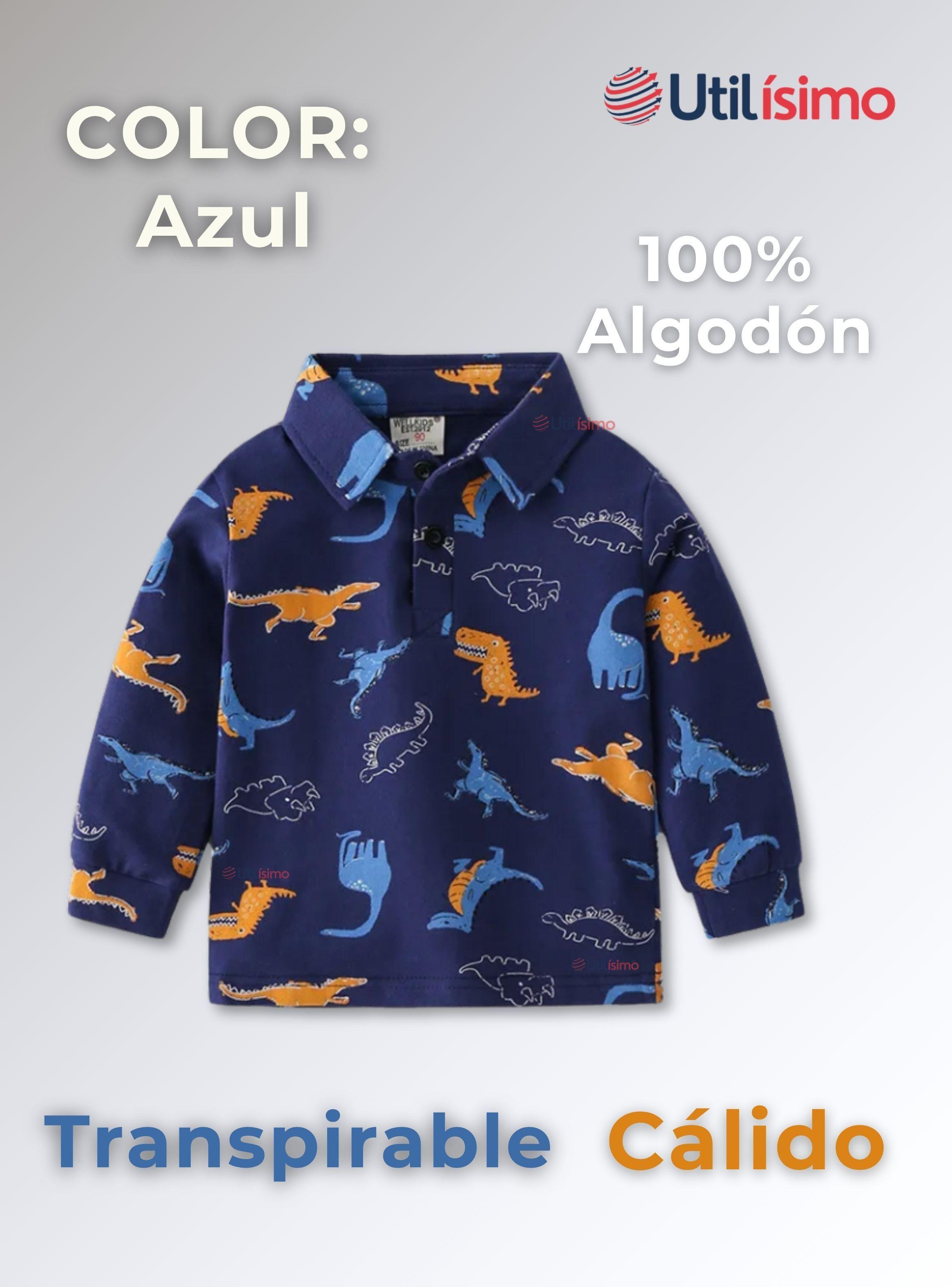 Polera Piqué Manga Larga Niño Estampado Dinosaurios Azul-1