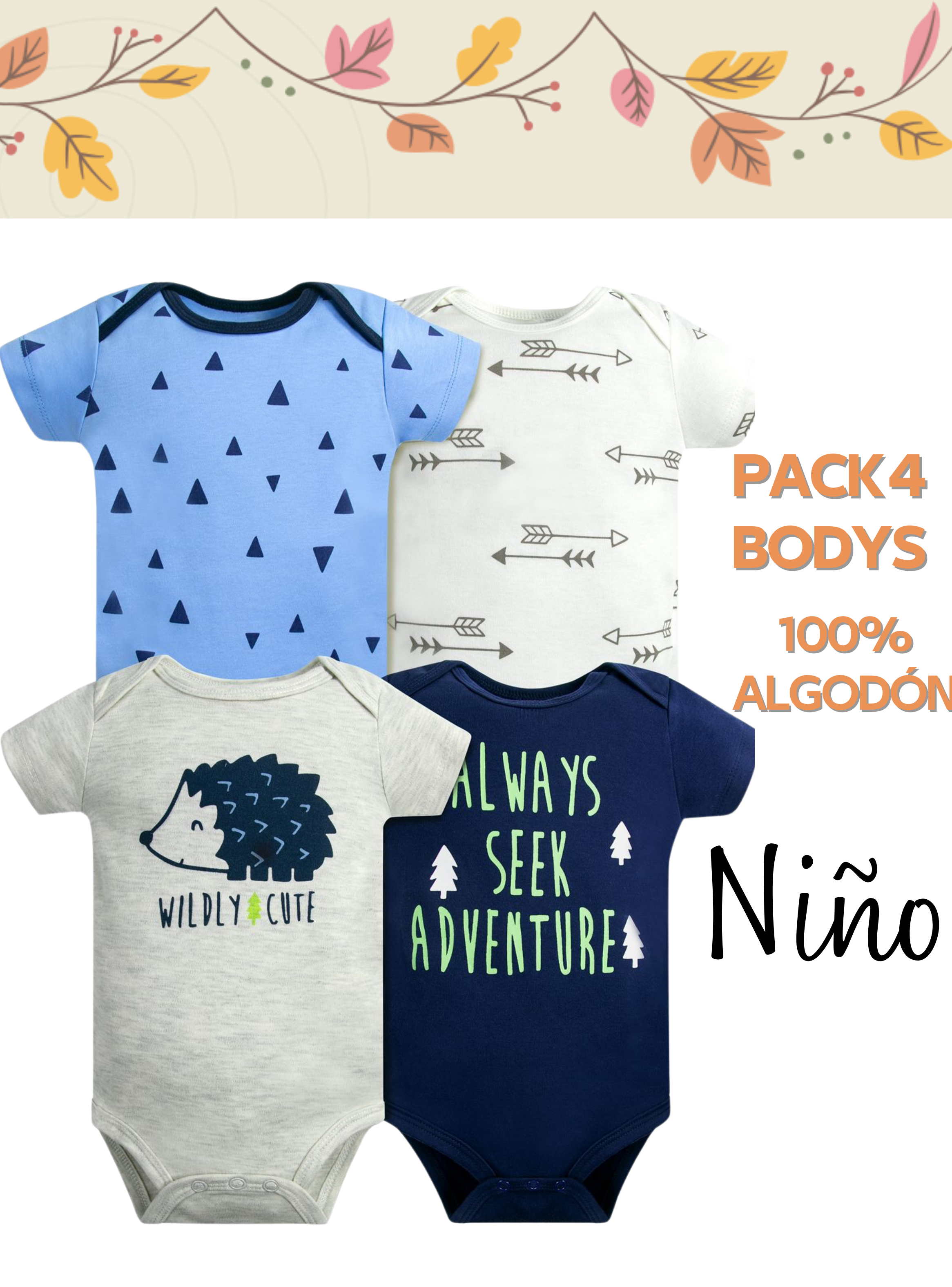 Pack 4 Bodys Niño Manga Corta Tedmimak 100% Algodón Puercoespín Azul-4