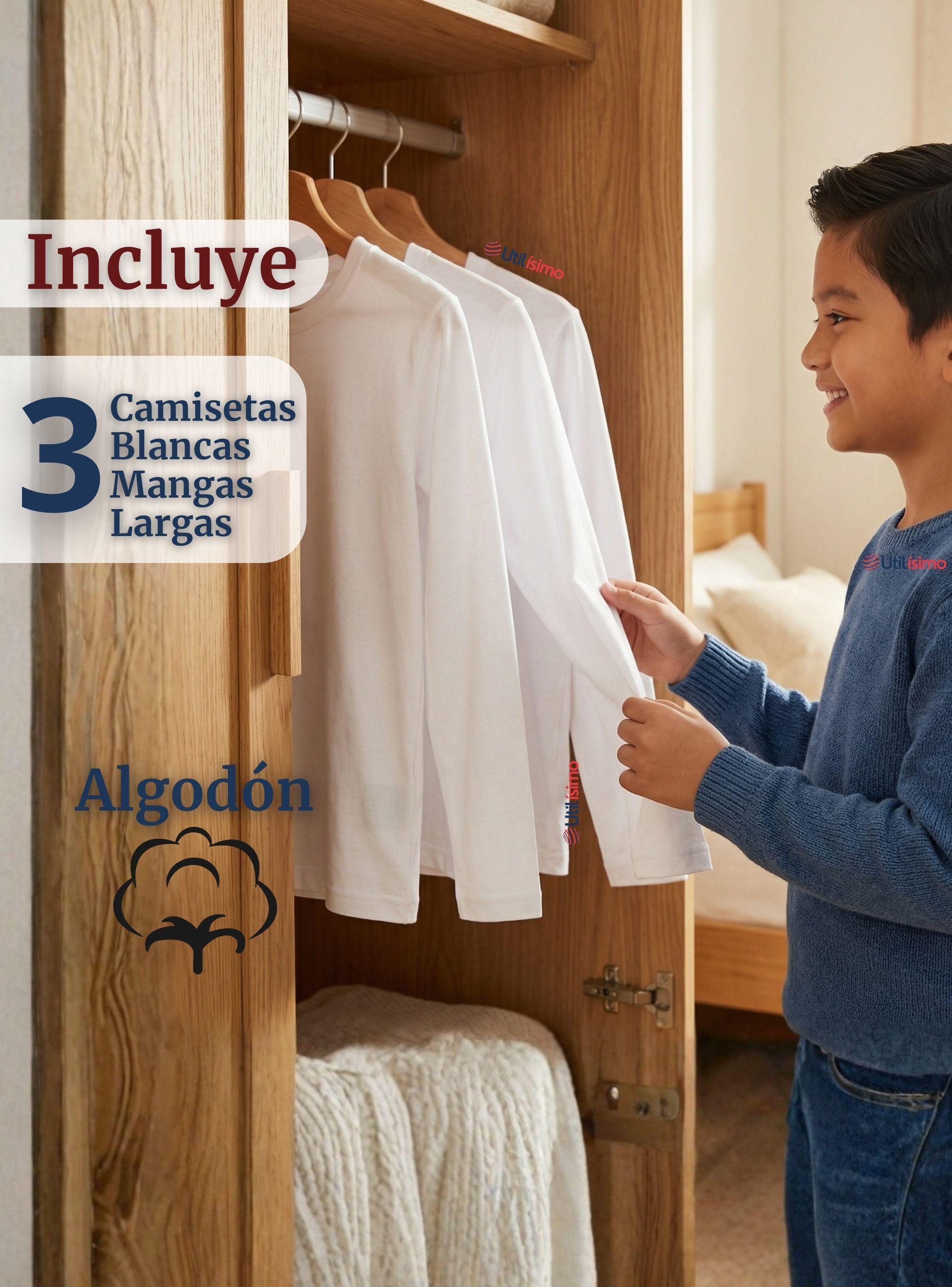 Pack 3 Camisetas Algodón Manga Larga Polera Primera Capa Color Blanco para Niños-3