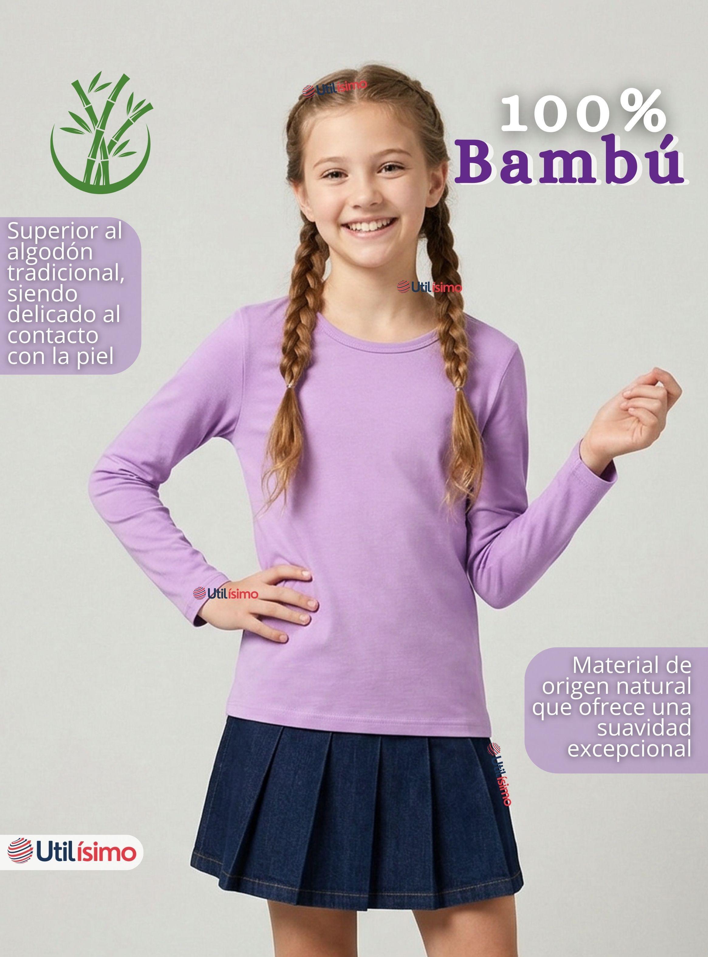 Pack 3 Camisetas Poleras Bambú Cuello Redondo Lila Primera Capa Mangas Largas Niñas-3