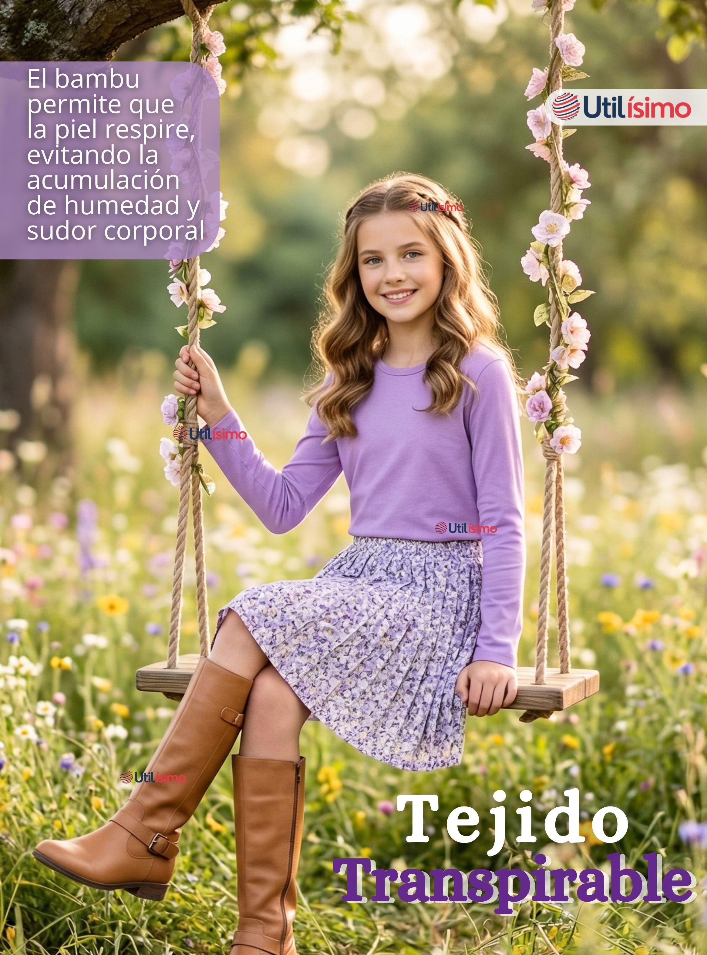 Pack 3 Camisetas Poleras Bambú Cuello Redondo Lila Primera Capa Mangas Largas Niñas-6