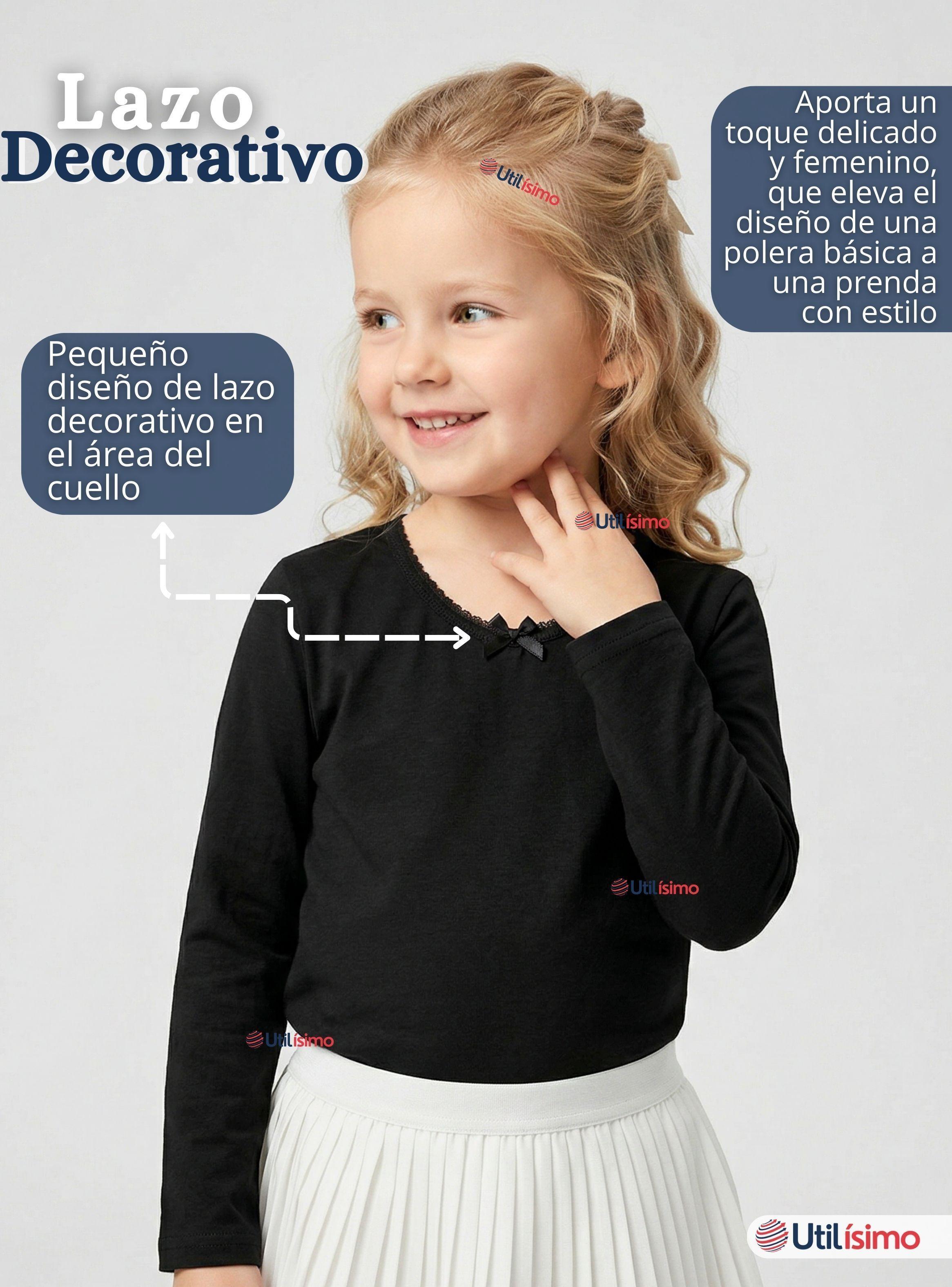 Camiseta Polera Algodón Cuello Redondo Negra Primera Capa Manga Larga para Niñas-2