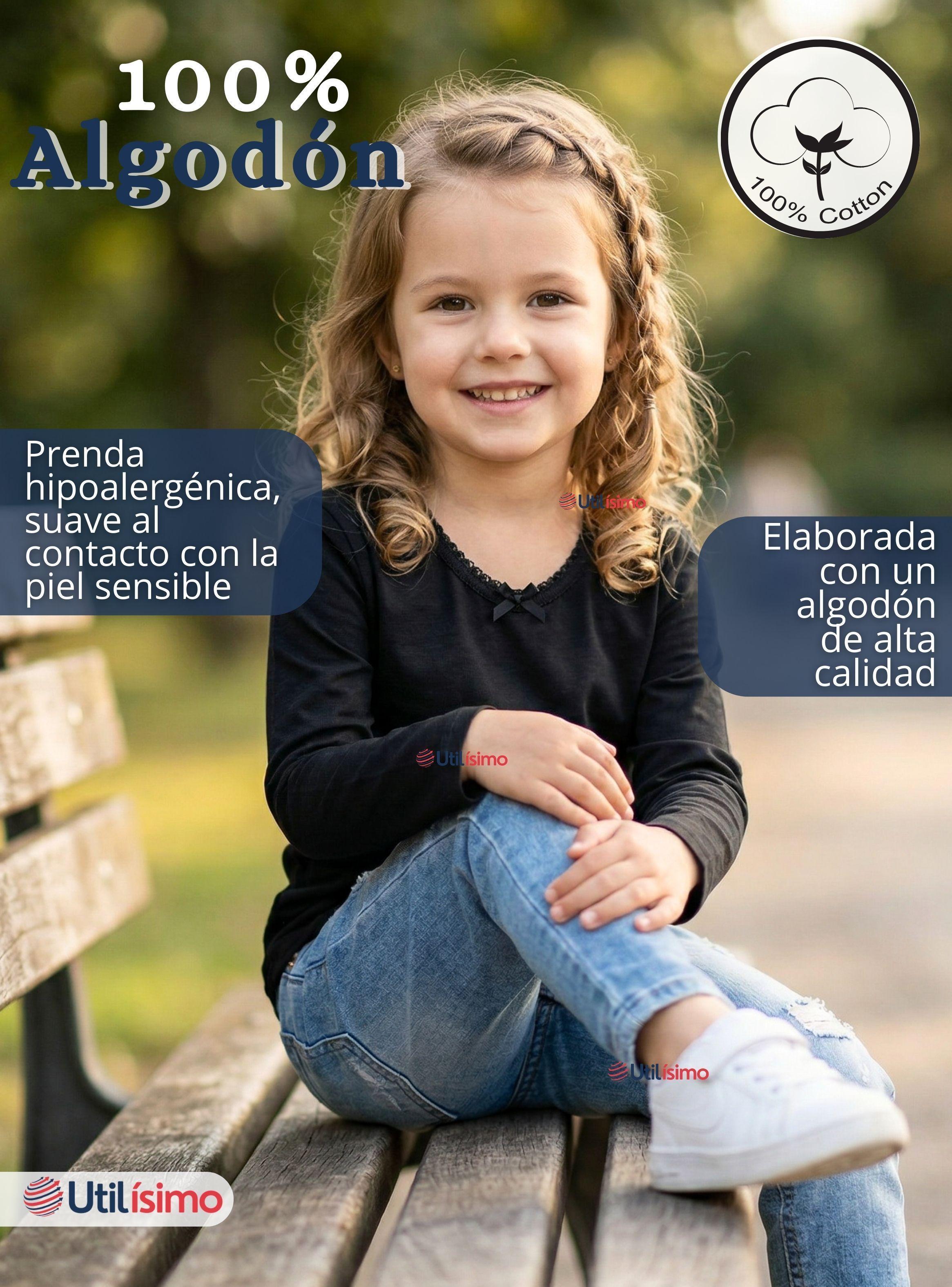 Camiseta Polera Algodón Cuello Redondo Negra Primera Capa Manga Larga para Niñas-3