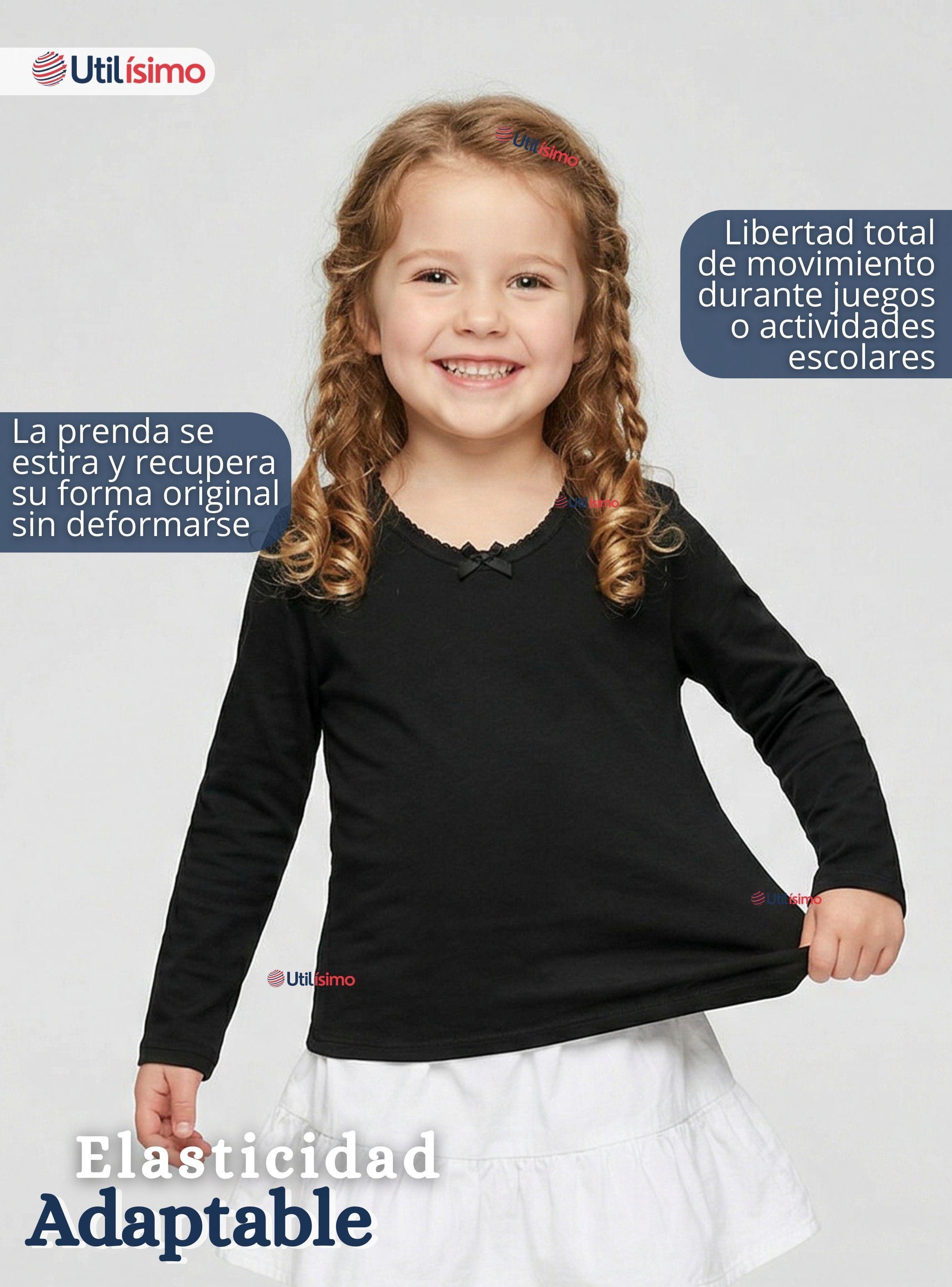 Camiseta Polera Algodón Cuello Redondo Negra Primera Capa Manga Larga para Niñas-5