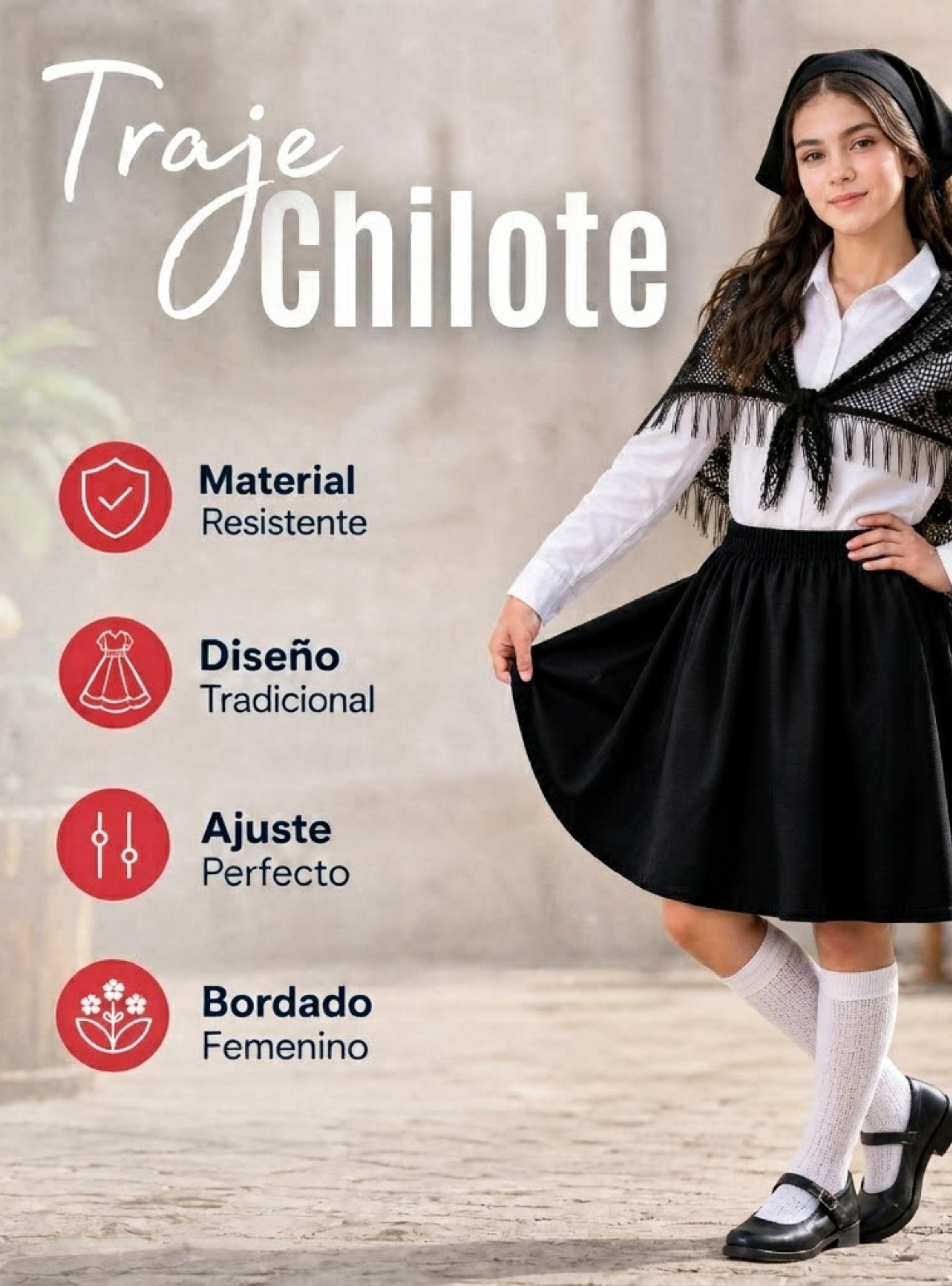 Traje Chilote Niña Azul Con Camisa 4 Piezas Baile Típico Fiestas Patrias-5