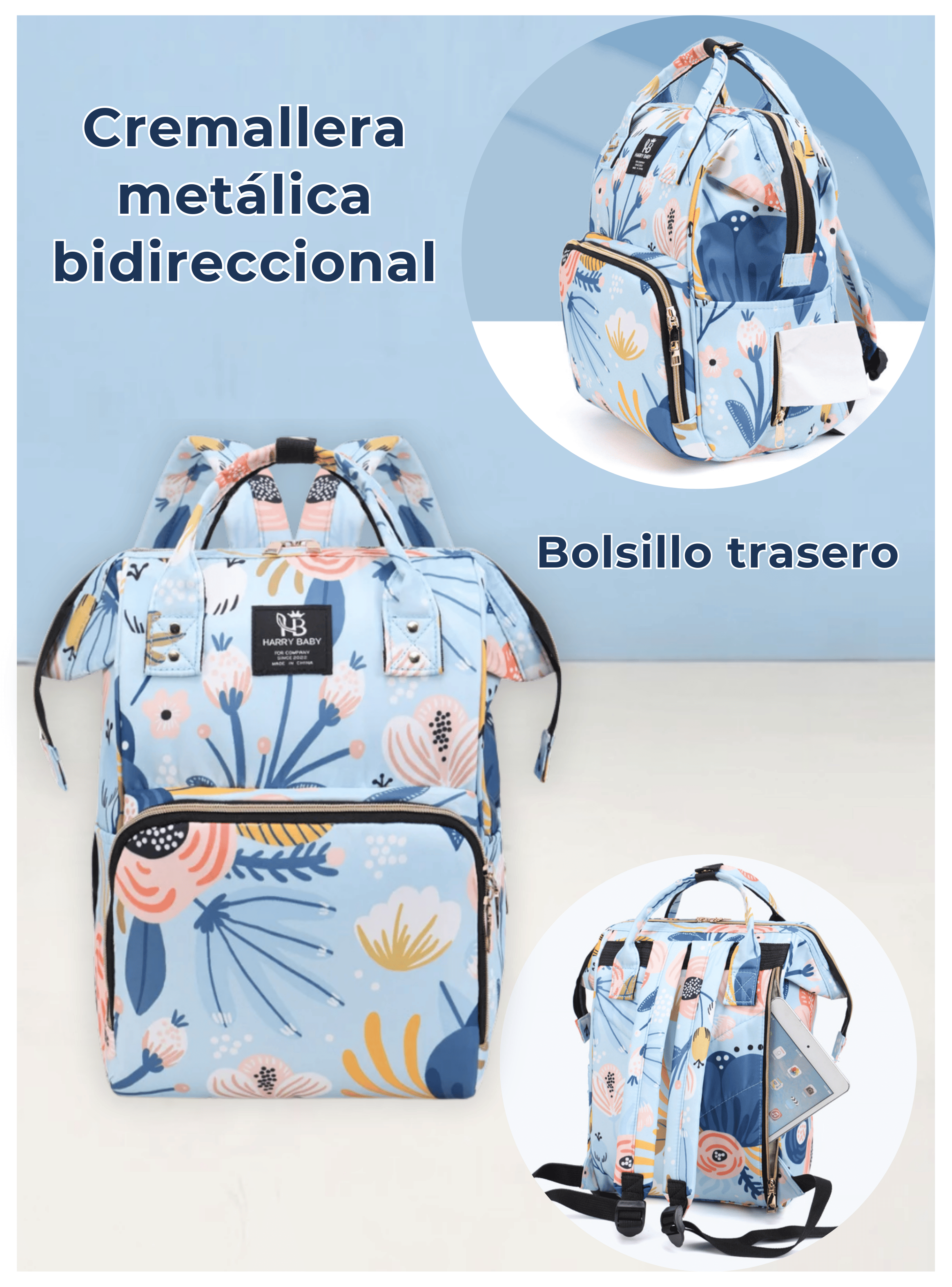 Mochila Maternal Oxford Bolso Pañalera Infantil Térmica e Impermeable Light Blue-3