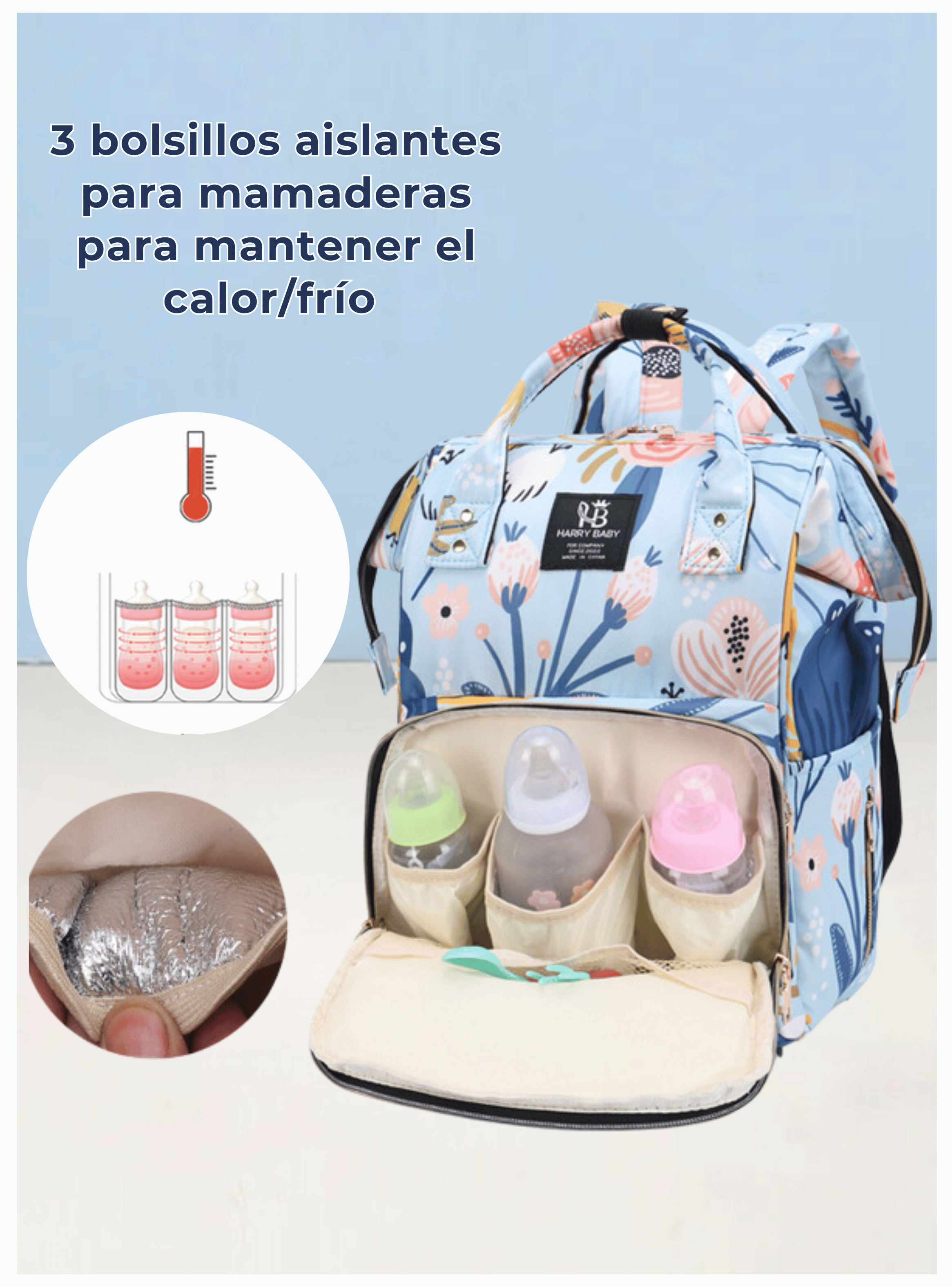 Mochila Maternal Oxford Bolso Pañalera Infantil Térmica e Impermeable Light Blue-5