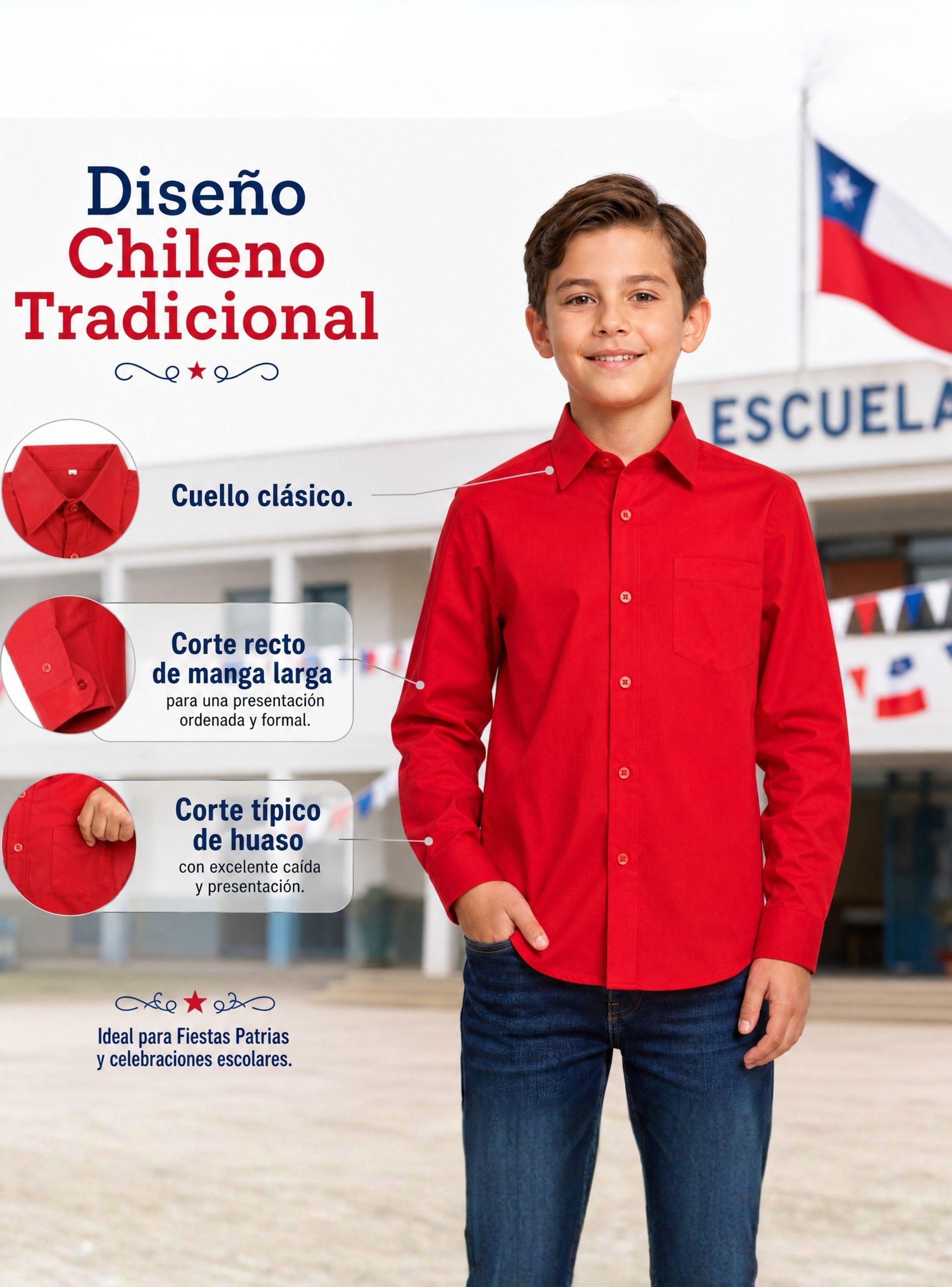 Camisa Huaso de Niño Algodón Traje Típico Fiestas Patrias Color Rojo-5