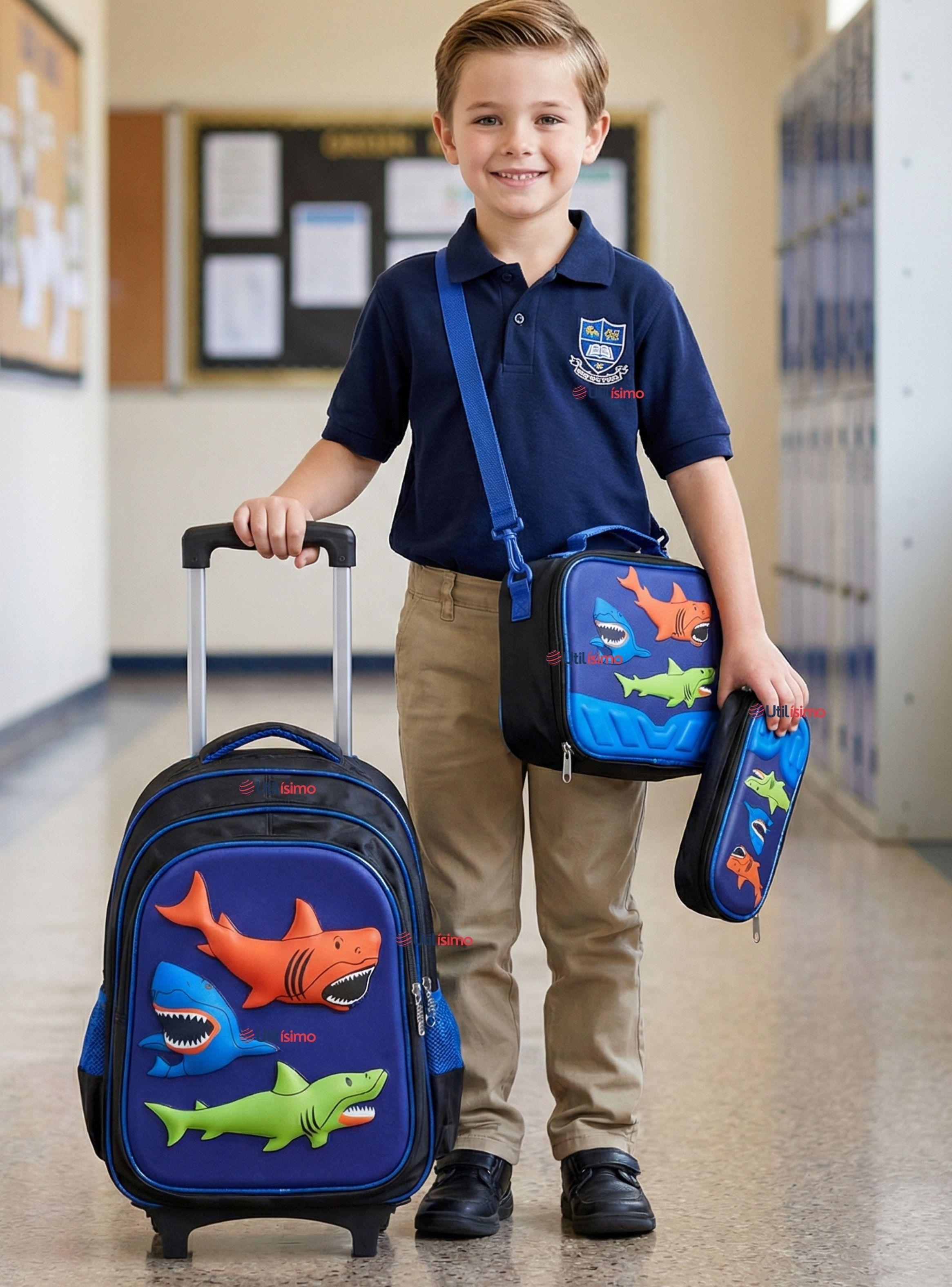 Mochila Escolar Con Ruedas + Estuche y Lonchera Desmontable Poliéster Azul Tiburón Niño-0