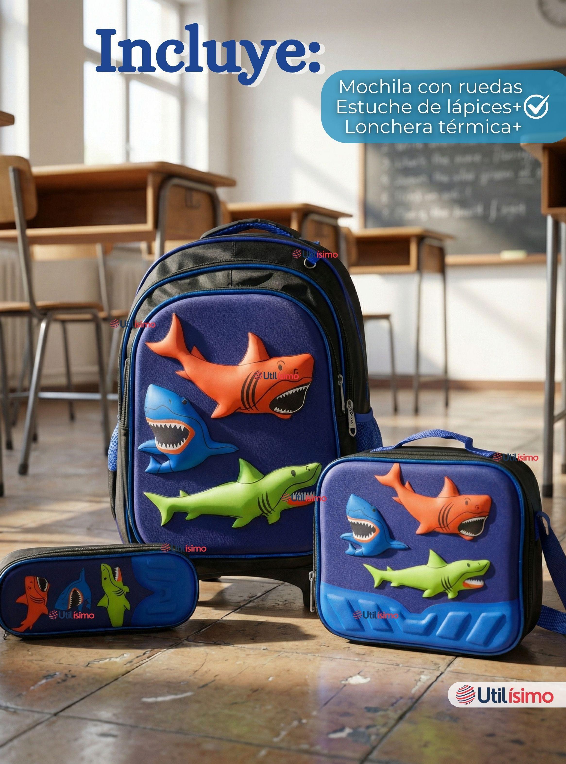 Mochila Escolar Con Ruedas + Estuche y Lonchera Desmontable Poliéster Azul Tiburón Niño-1