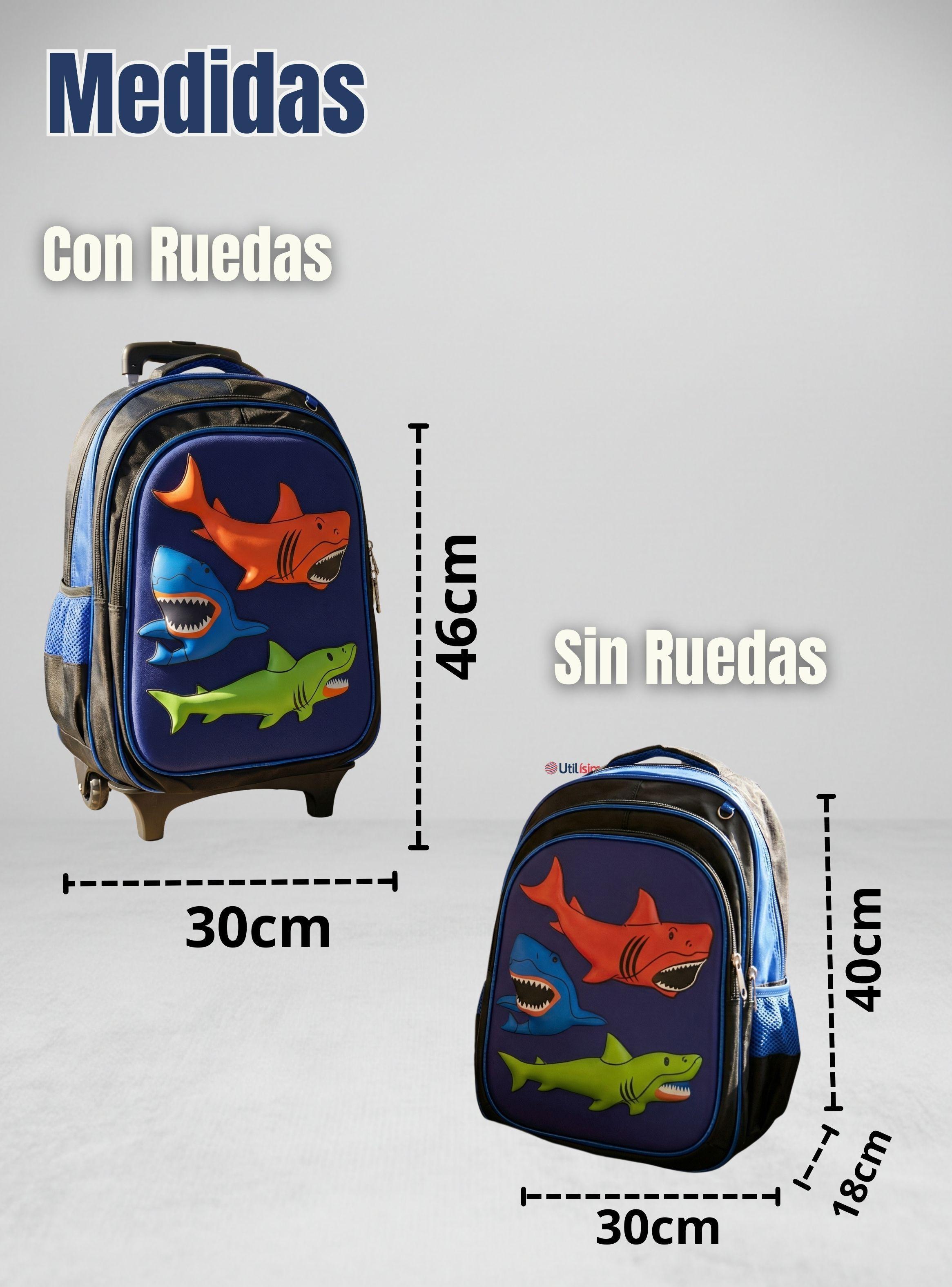 Mochila Escolar Con Ruedas + Estuche y Lonchera Desmontable Poliéster Azul Tiburón Niño-3
