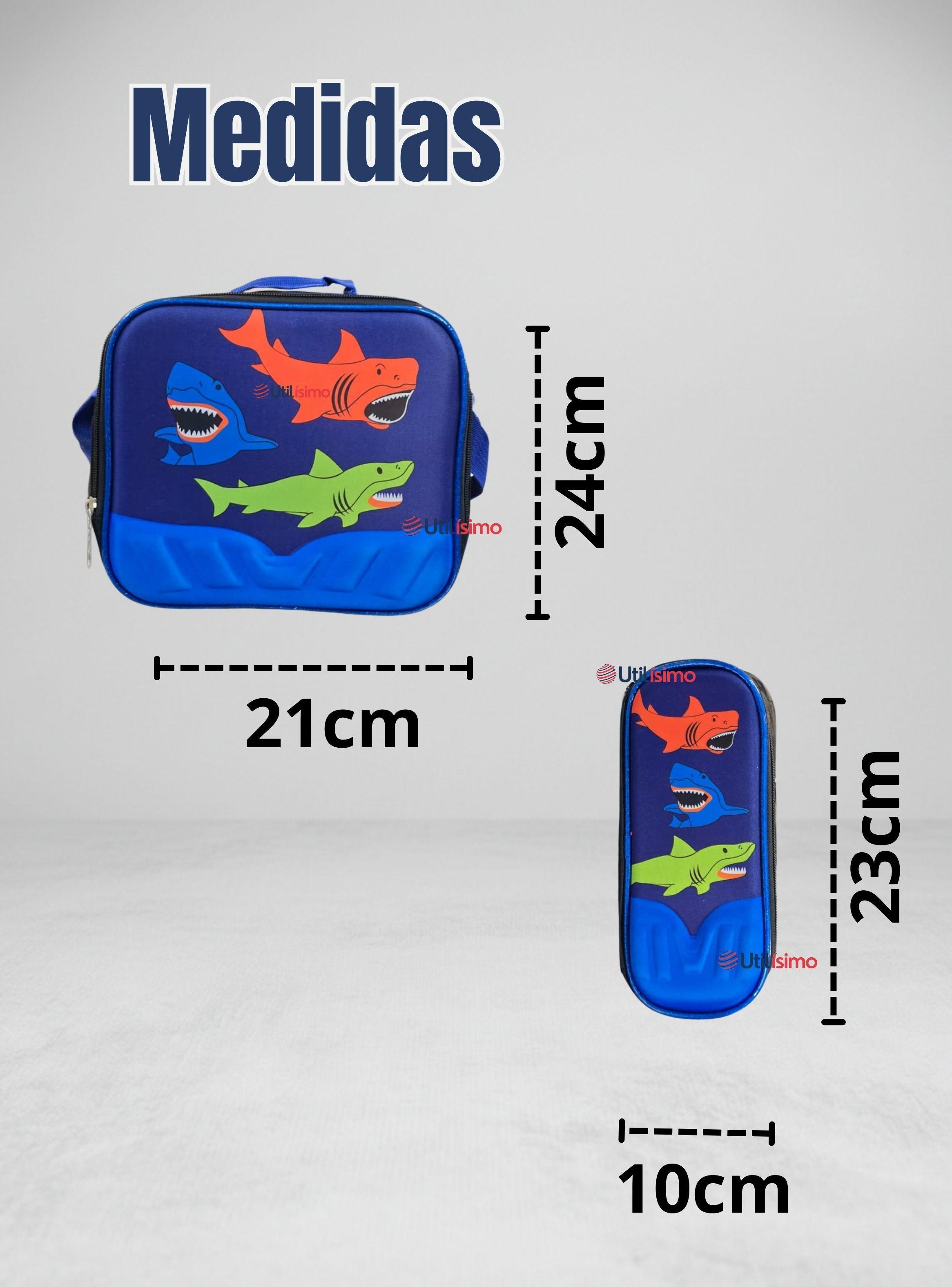 Mochila Escolar Con Ruedas + Estuche y Lonchera Desmontable Poliéster Azul Tiburón Niño-4