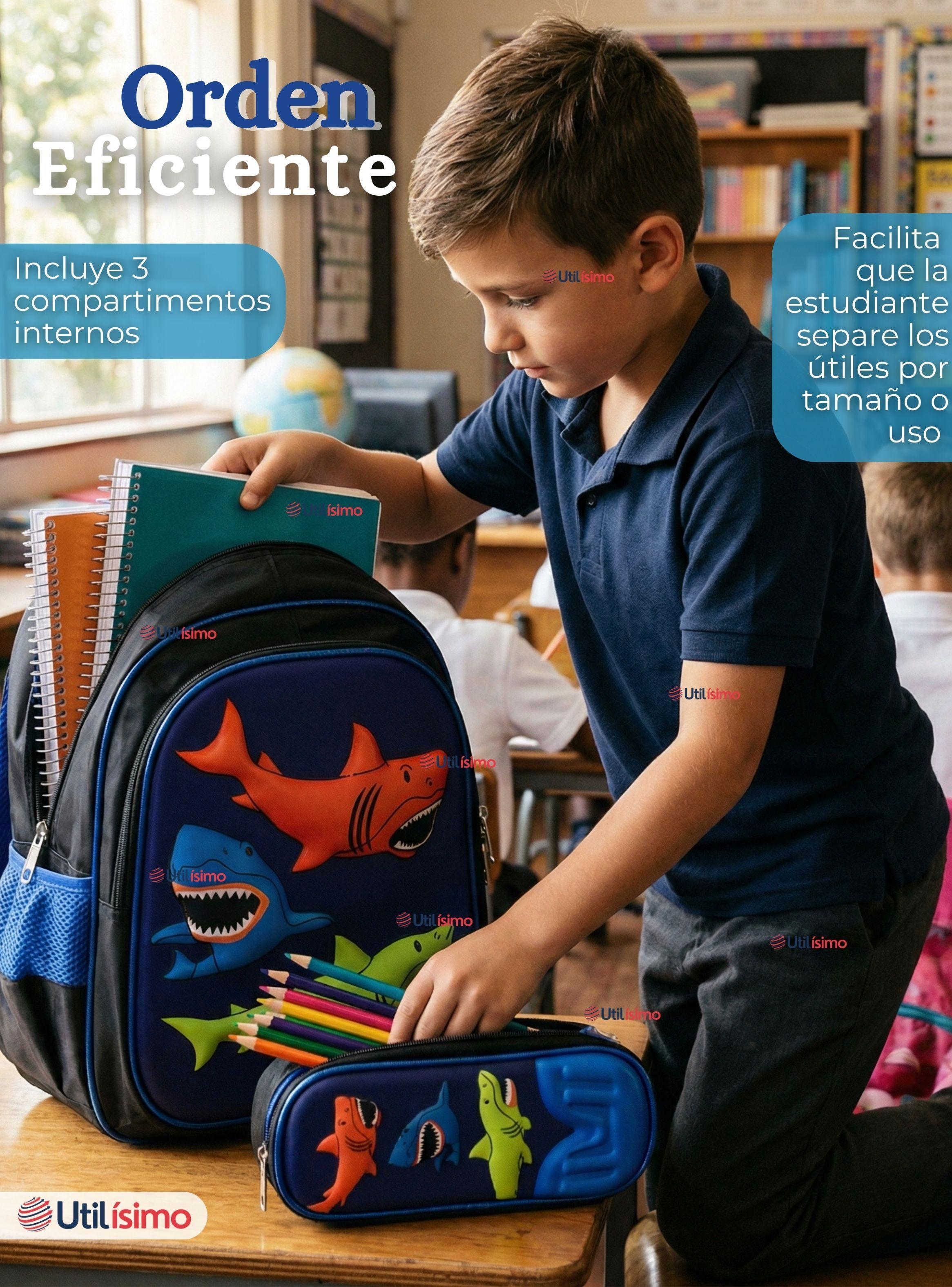 Mochila Escolar Con Ruedas + Estuche y Lonchera Desmontable Poliéster Azul Tiburón Niño-7