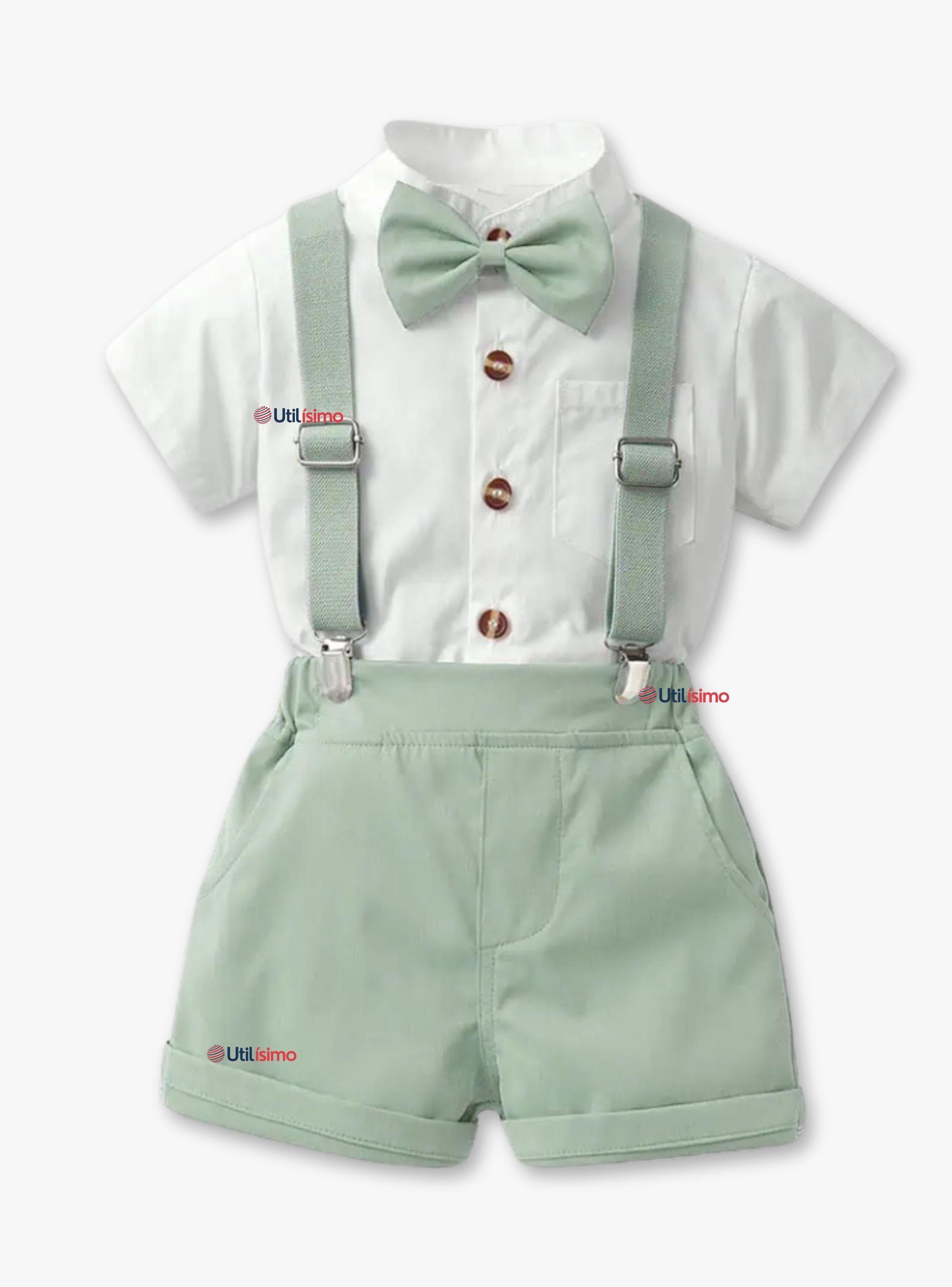 Conjunto de Vestir con Tirantes Camisa blanca Pantalón Corto  Verde de Algodón Niño -0