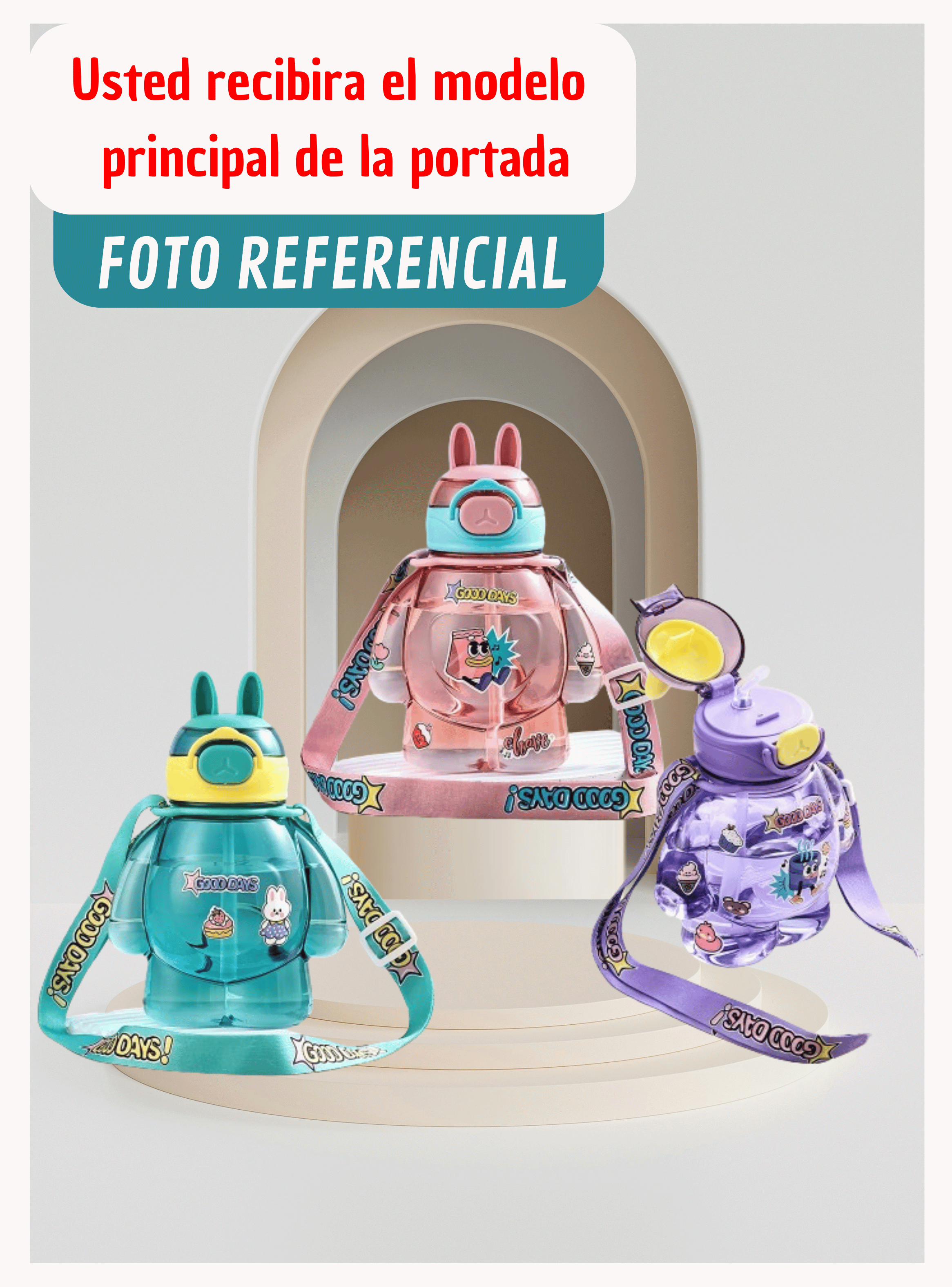 Botella Plástica 650ML Con Correa Y Orejitas Estilo Kawai Sin BPA Niños Purple-2