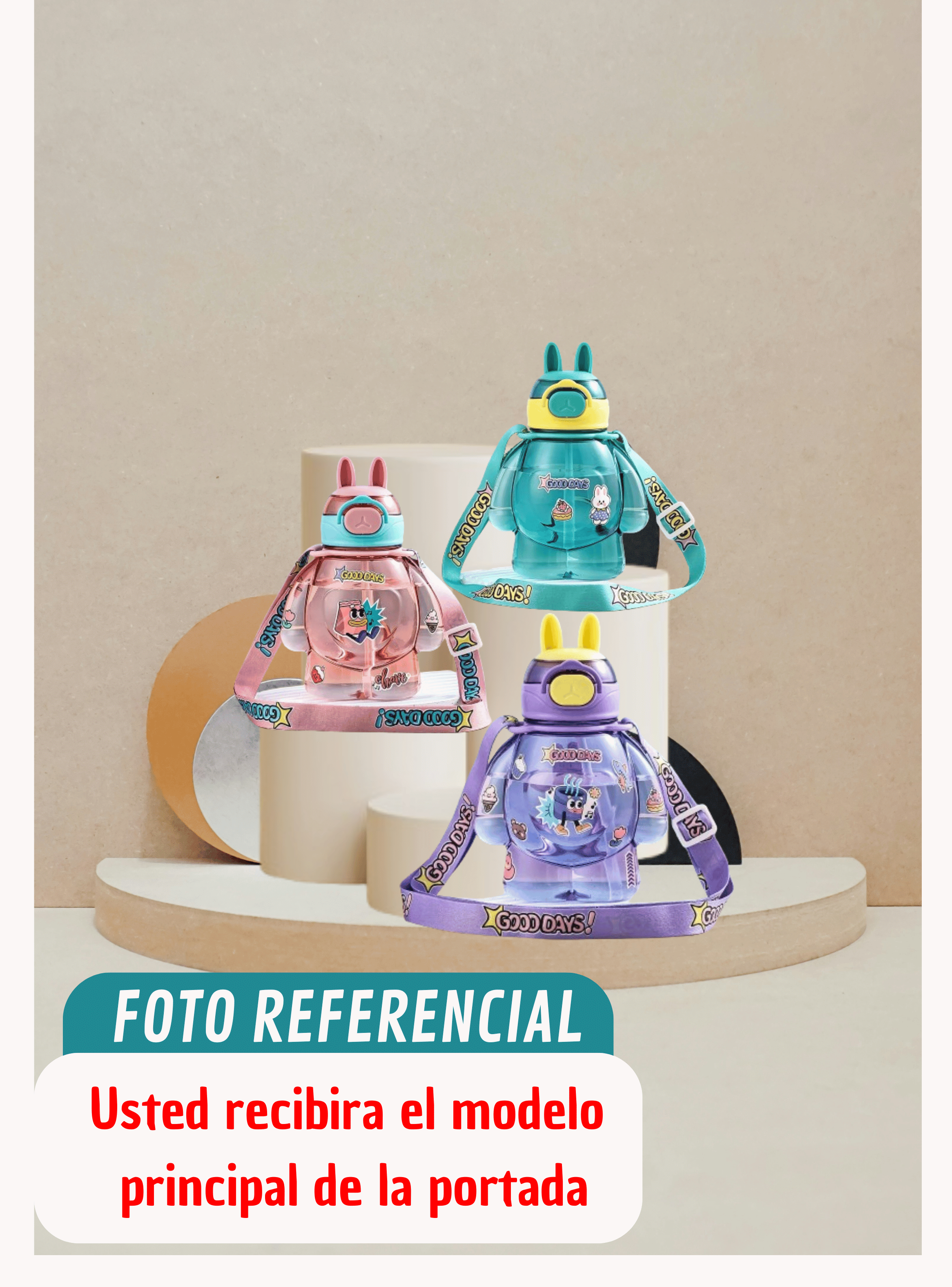Botella Plástica 650ML Con Correa Y Orejitas Estilo Kawai Sin BPA Niños Purple-3