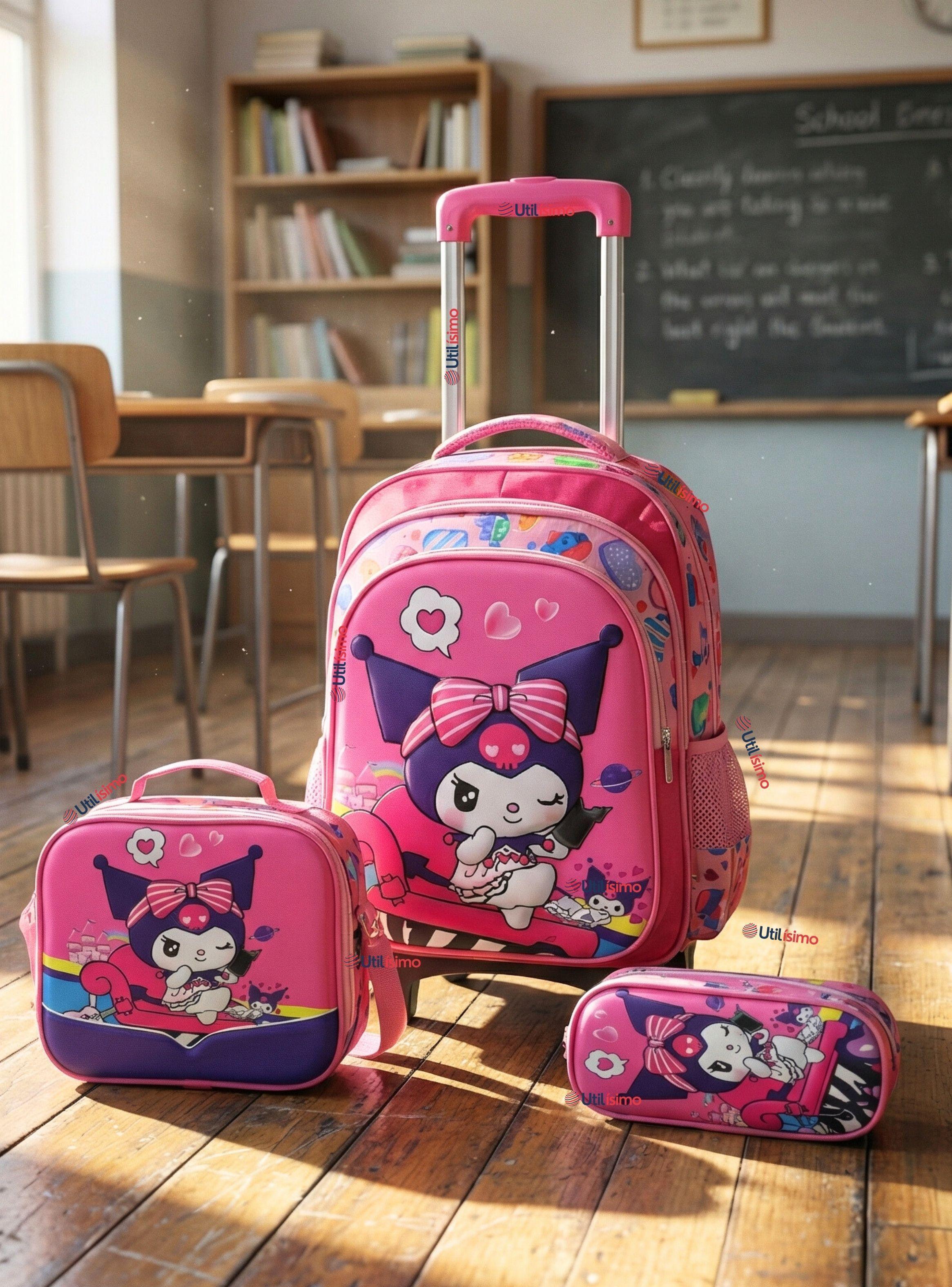 Mochila Escolar Kuromi 3D Con Ruedas Desmontable + Estuche + Lonchera Poliéster Color Rosa para Niña-0