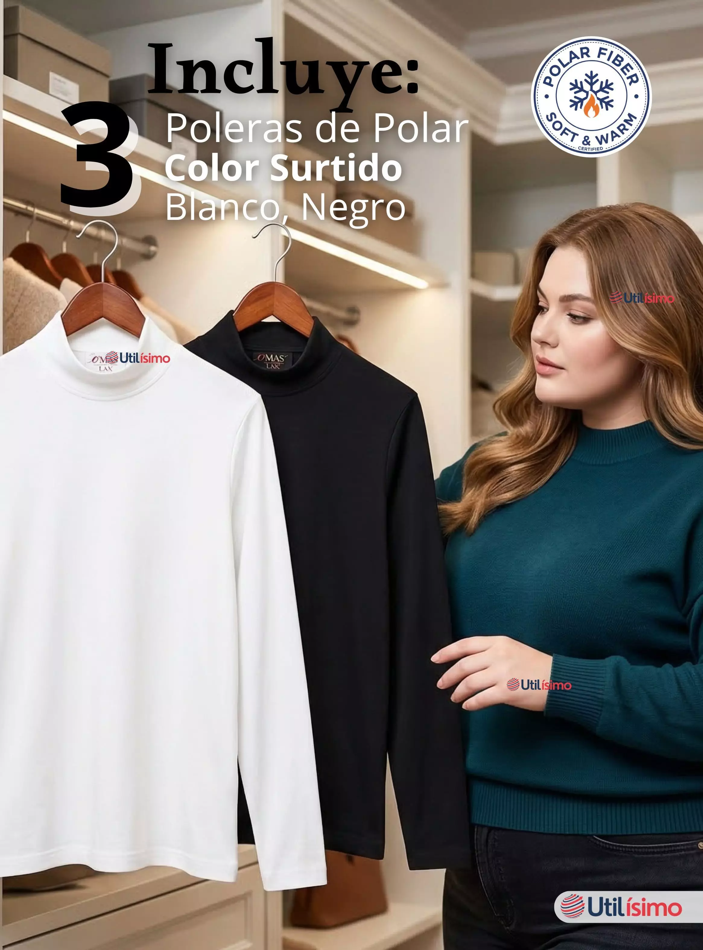 Pack 3 Camisetas Poleras Polar Primera Capa Cuello Beatle Mangas Larga Blanco Negro Mujer-2