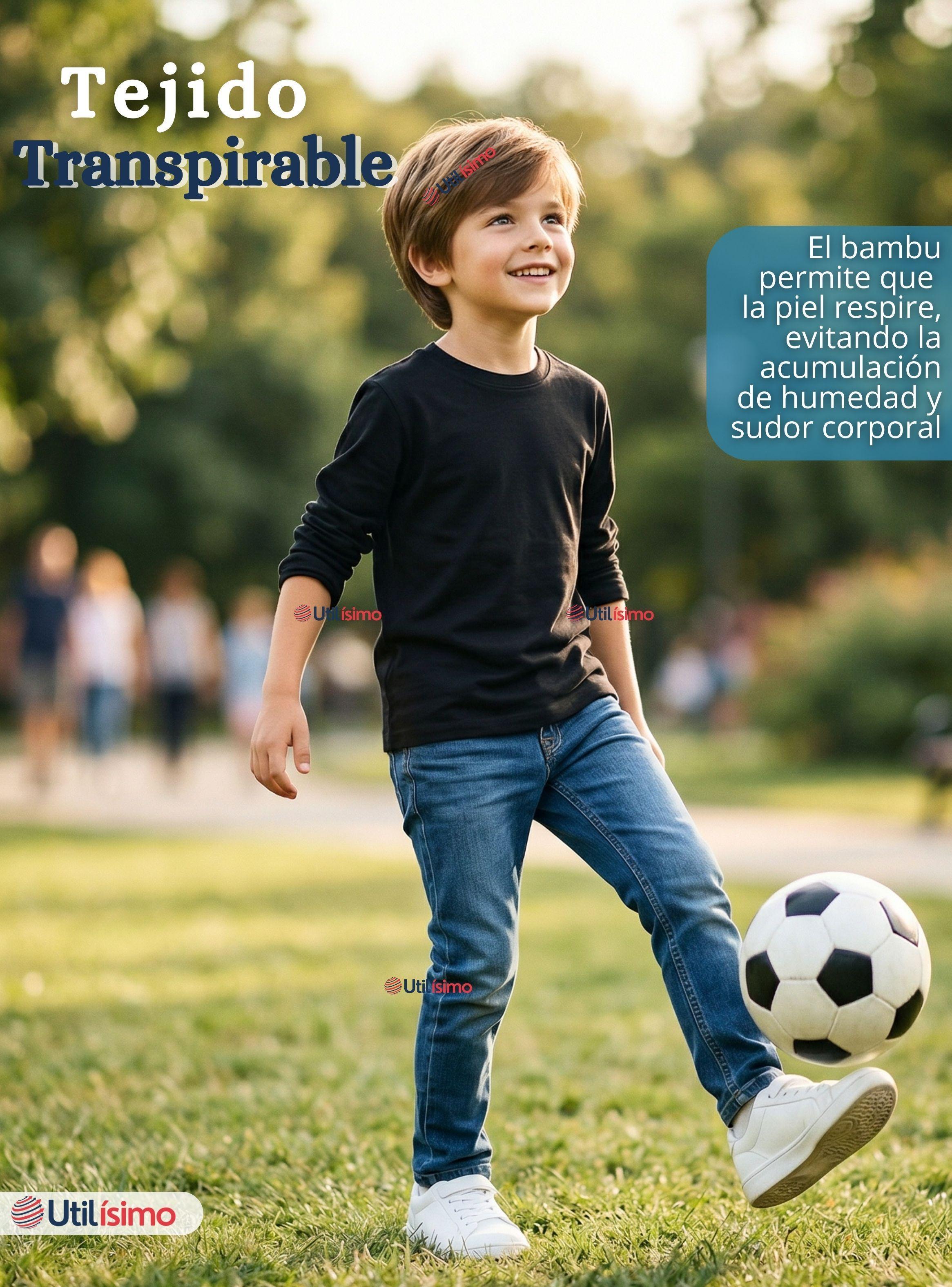 Polera Camiseta Bambú Negra Cuello Redondo Primera Capa Manga Larga Niños-7