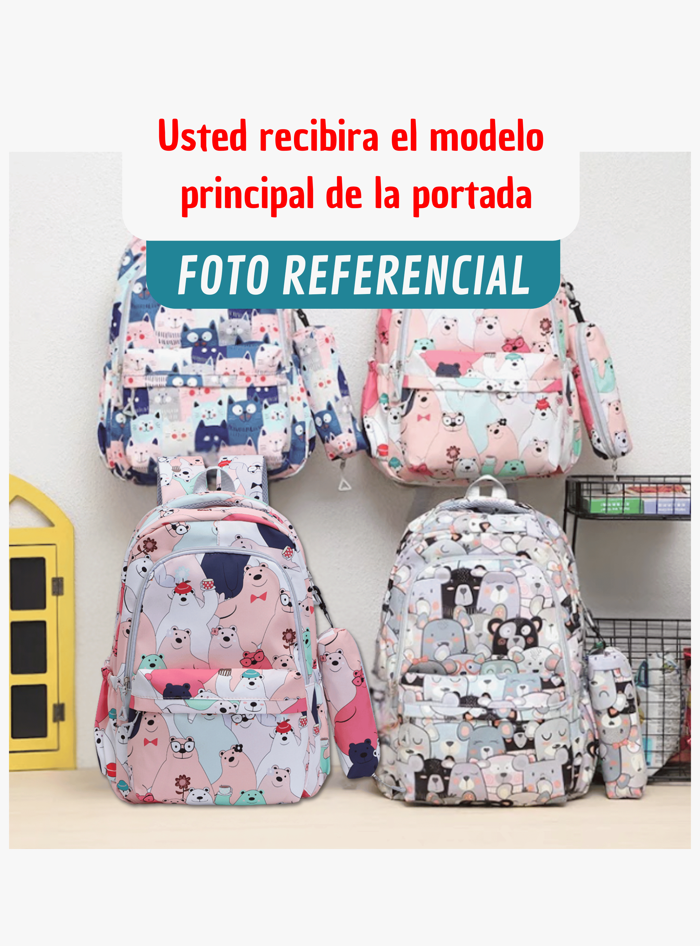 Mochila Escolar 44cm Diseño Estampado Cats and Bears Coral Pink Bears-3