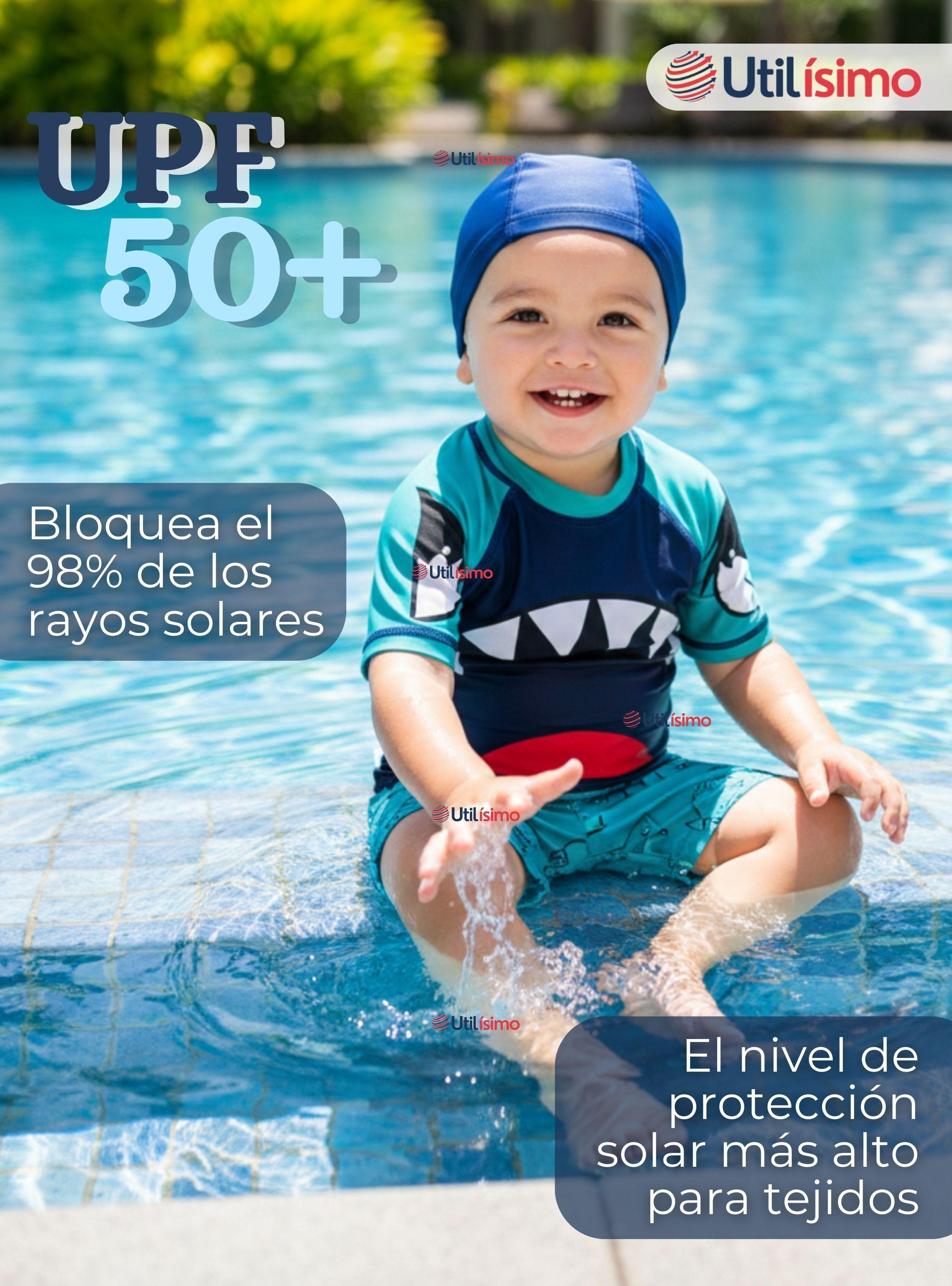 Traje de Baño de 3 Piezas Manga Corta Pantalón Corto y Gorro Corte Split Niño 2 a 8 años Blue Shark-4