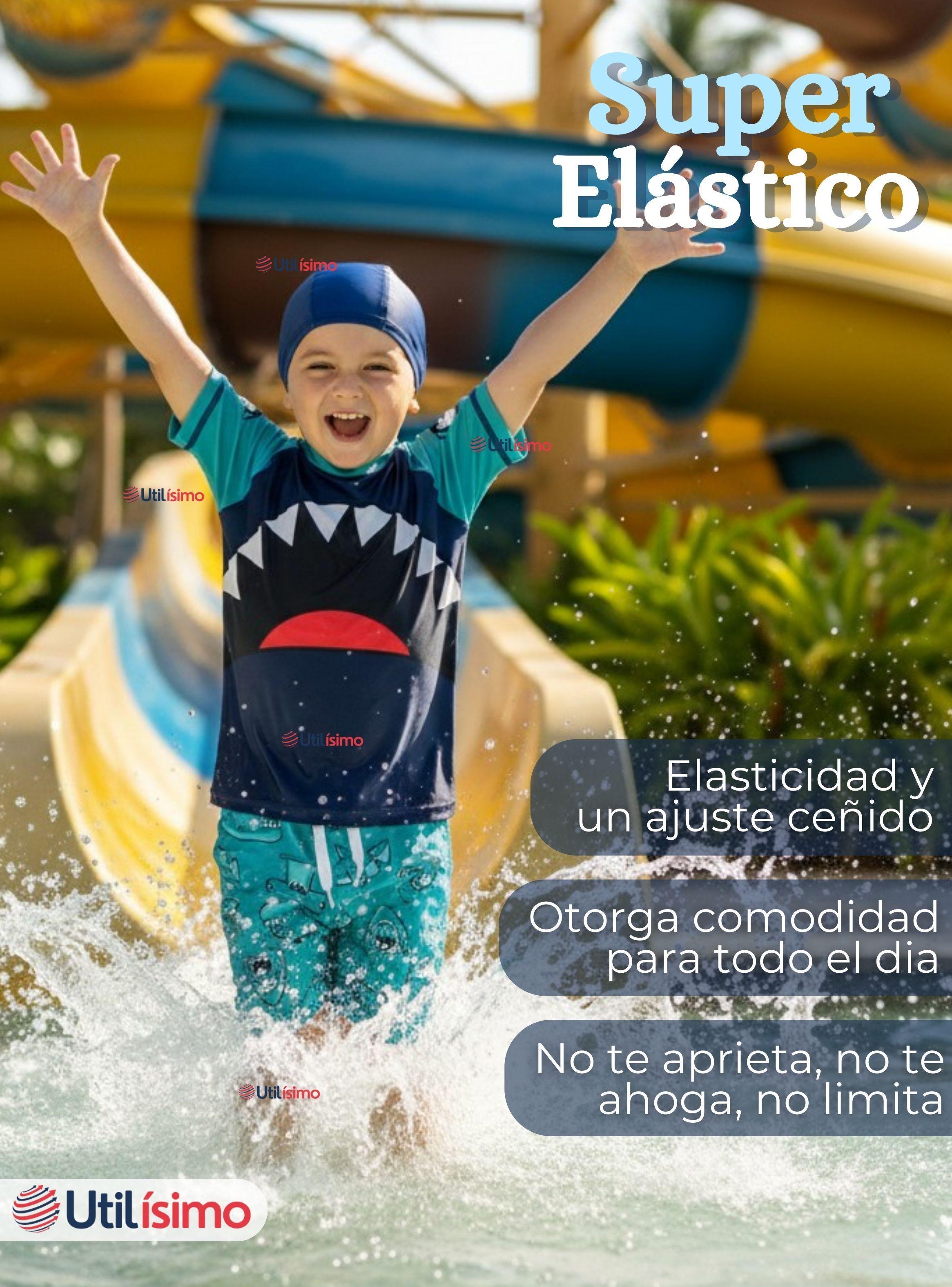 Traje de Baño de 3 Piezas Manga Corta Pantalón Corto y Gorro Corte Split Niño 2 a 8 años Blue Shark-7