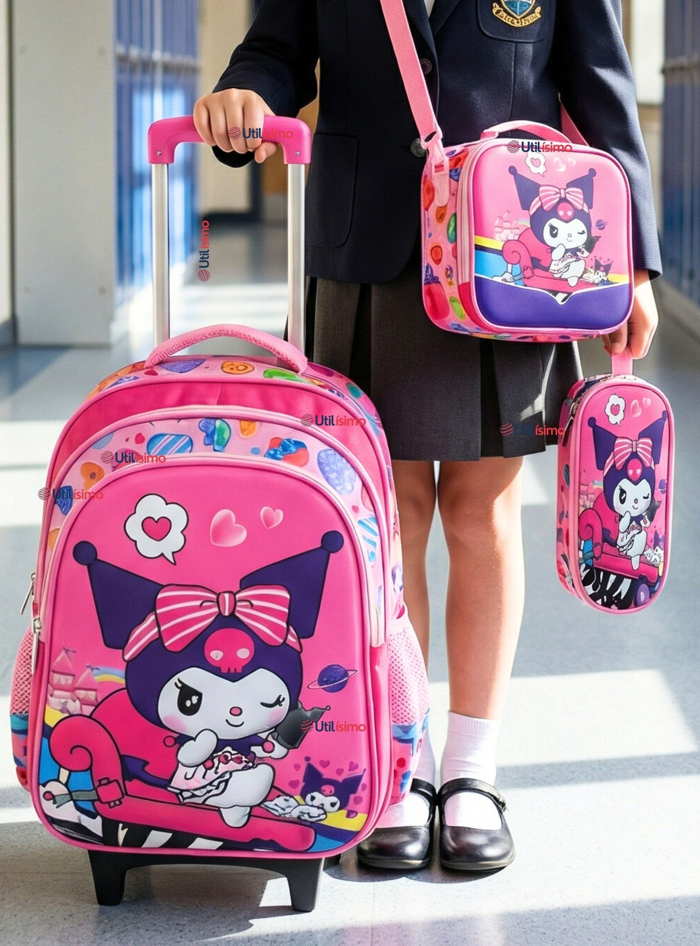 Mochila Escolar Kuromi 3D Con Ruedas Desmontable + Estuche + Lonchera Poliéster Color  Rosa Niña-0