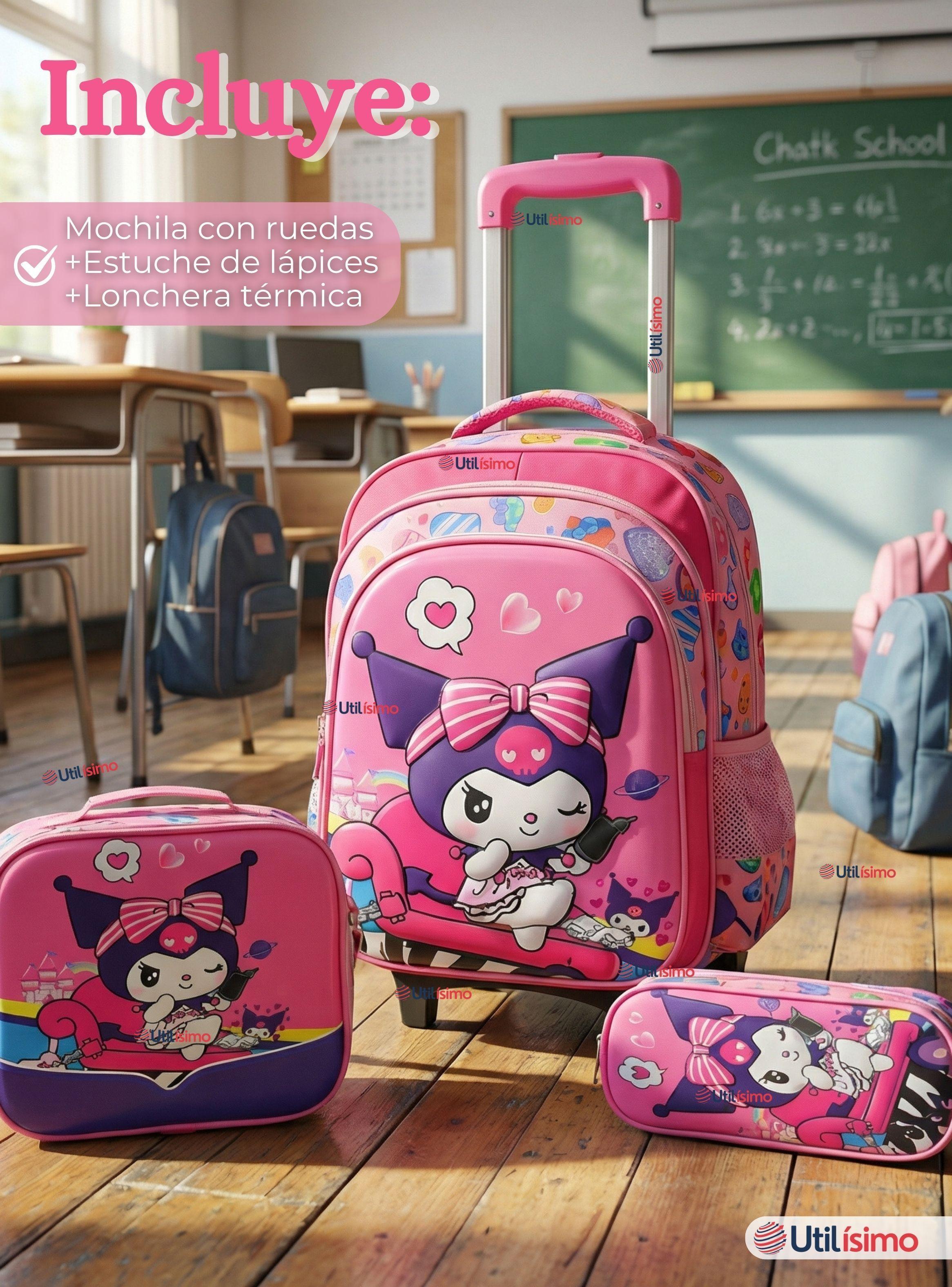Mochila Escolar Kuromi 3D Con Ruedas Desmontable + Estuche + Lonchera Poliéster Color  Rosa Niña-1