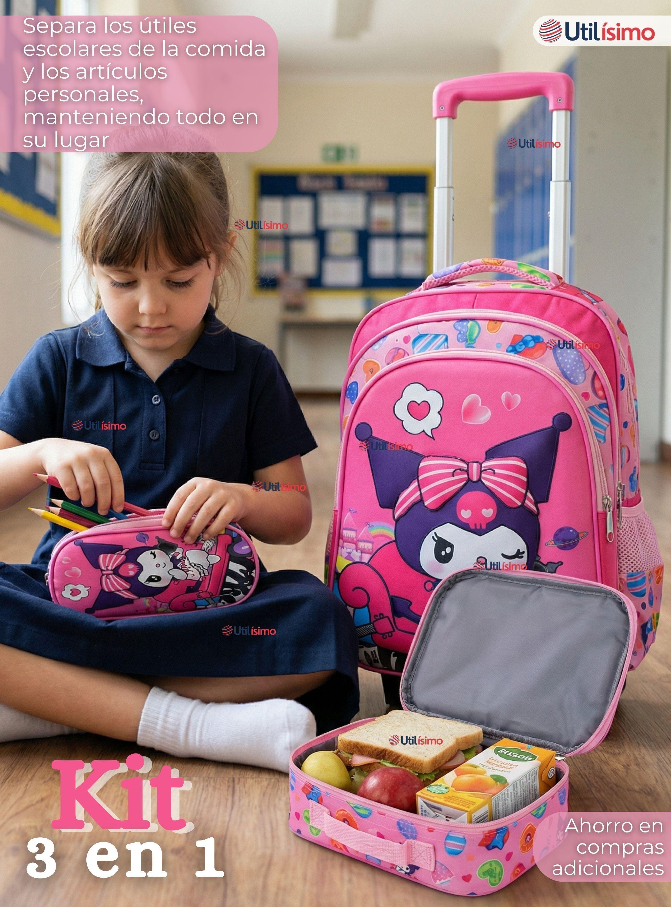 Mochila Escolar Kuromi 3D Con Ruedas Desmontable + Estuche + Lonchera Poliéster Color  Rosa Niña-2