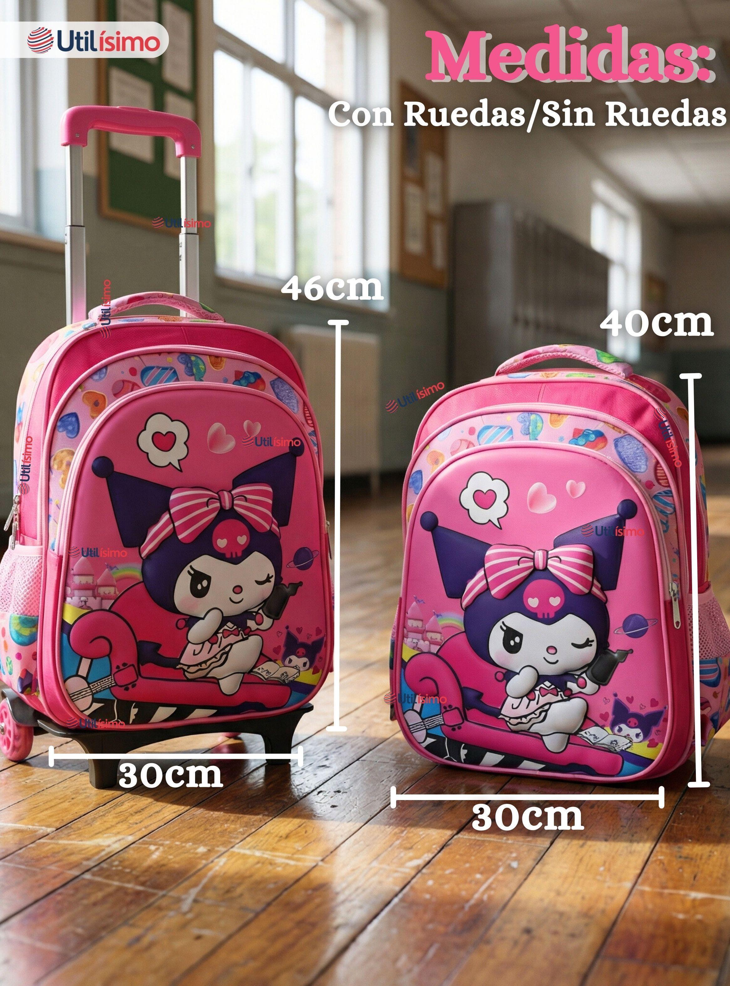 Mochila Escolar Kuromi 3D Con Ruedas Desmontable + Estuche + Lonchera Poliéster Color  Rosa Niña-3