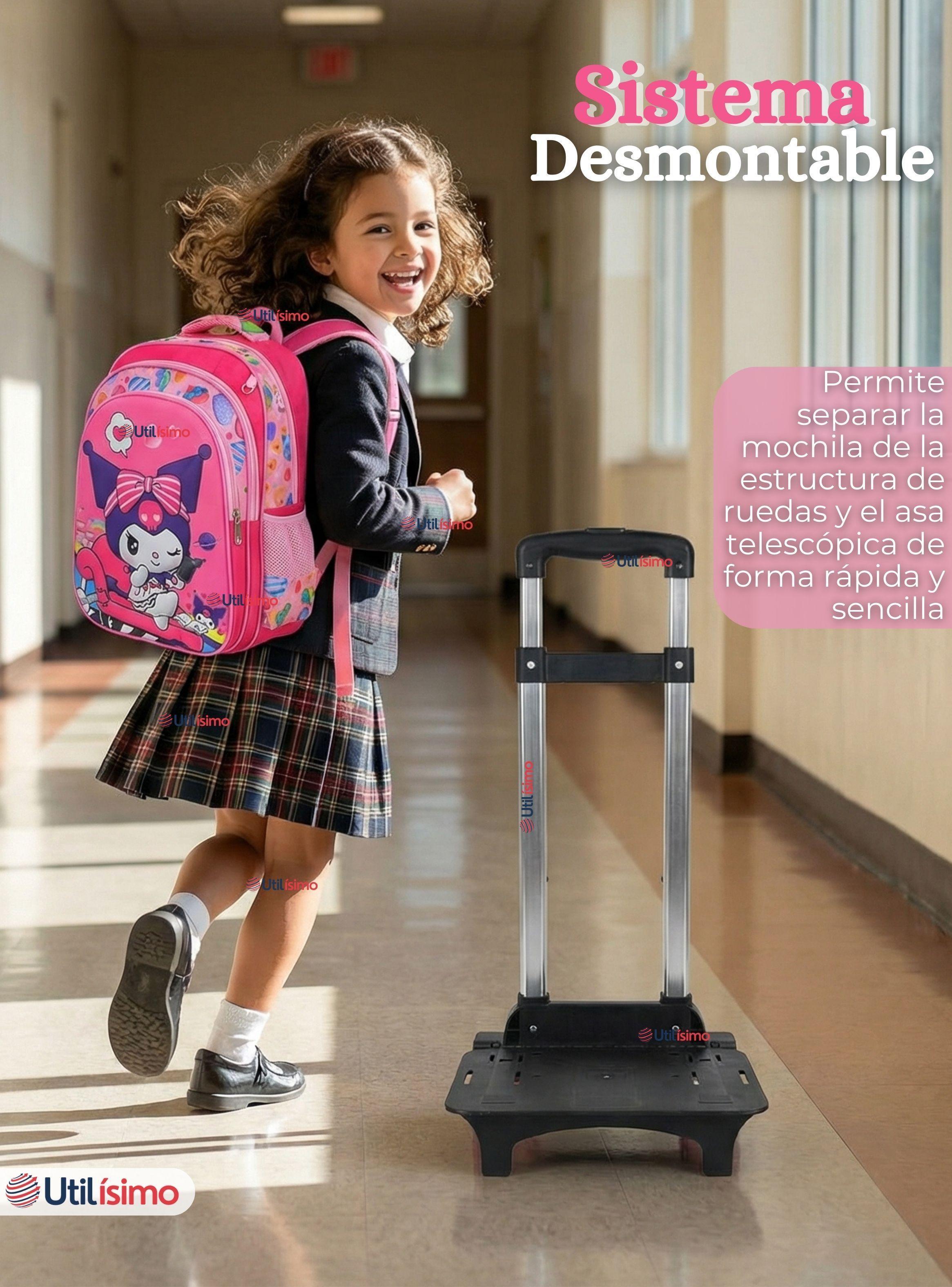 Mochila Escolar Kuromi 3D Con Ruedas Desmontable + Estuche + Lonchera Poliéster Color  Rosa Niña-4