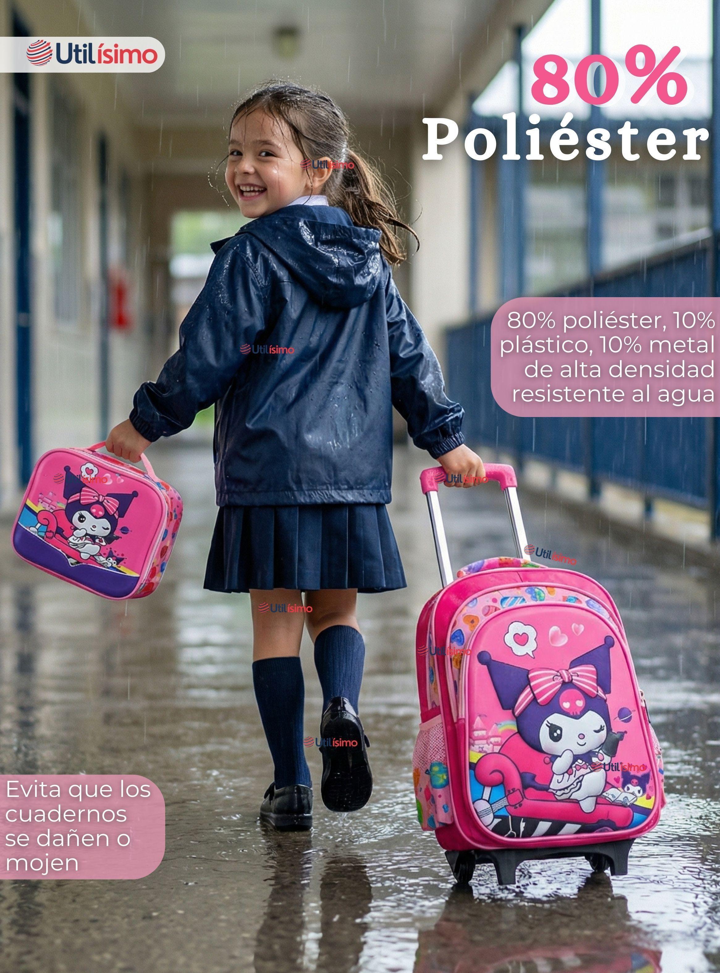 Mochila Escolar Kuromi 3D Con Ruedas Desmontable + Estuche + Lonchera Poliéster Color  Rosa Niña-5