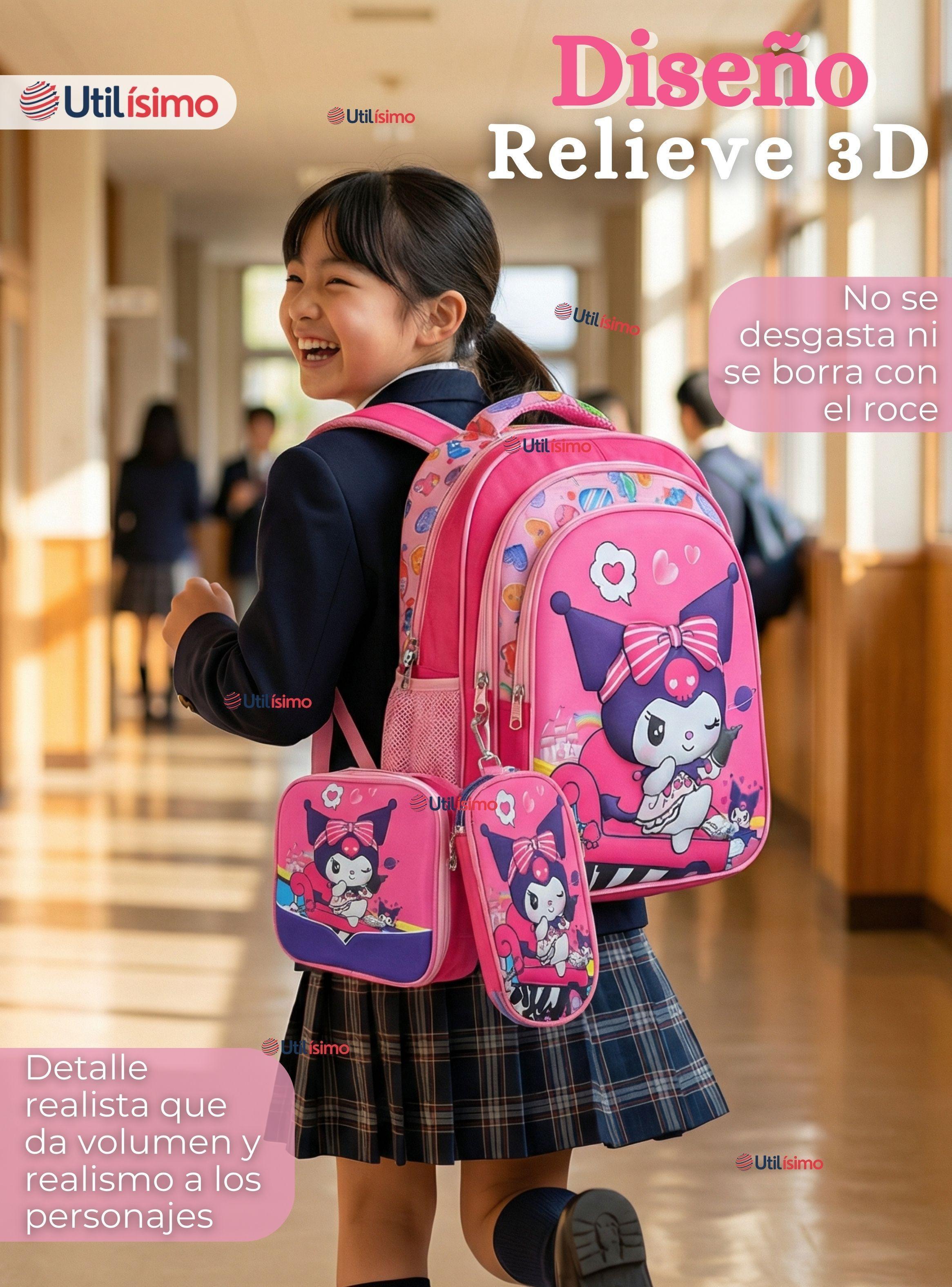 Mochila Escolar Kuromi 3D Con Ruedas Desmontable + Estuche + Lonchera Poliéster Color  Rosa Niña-6