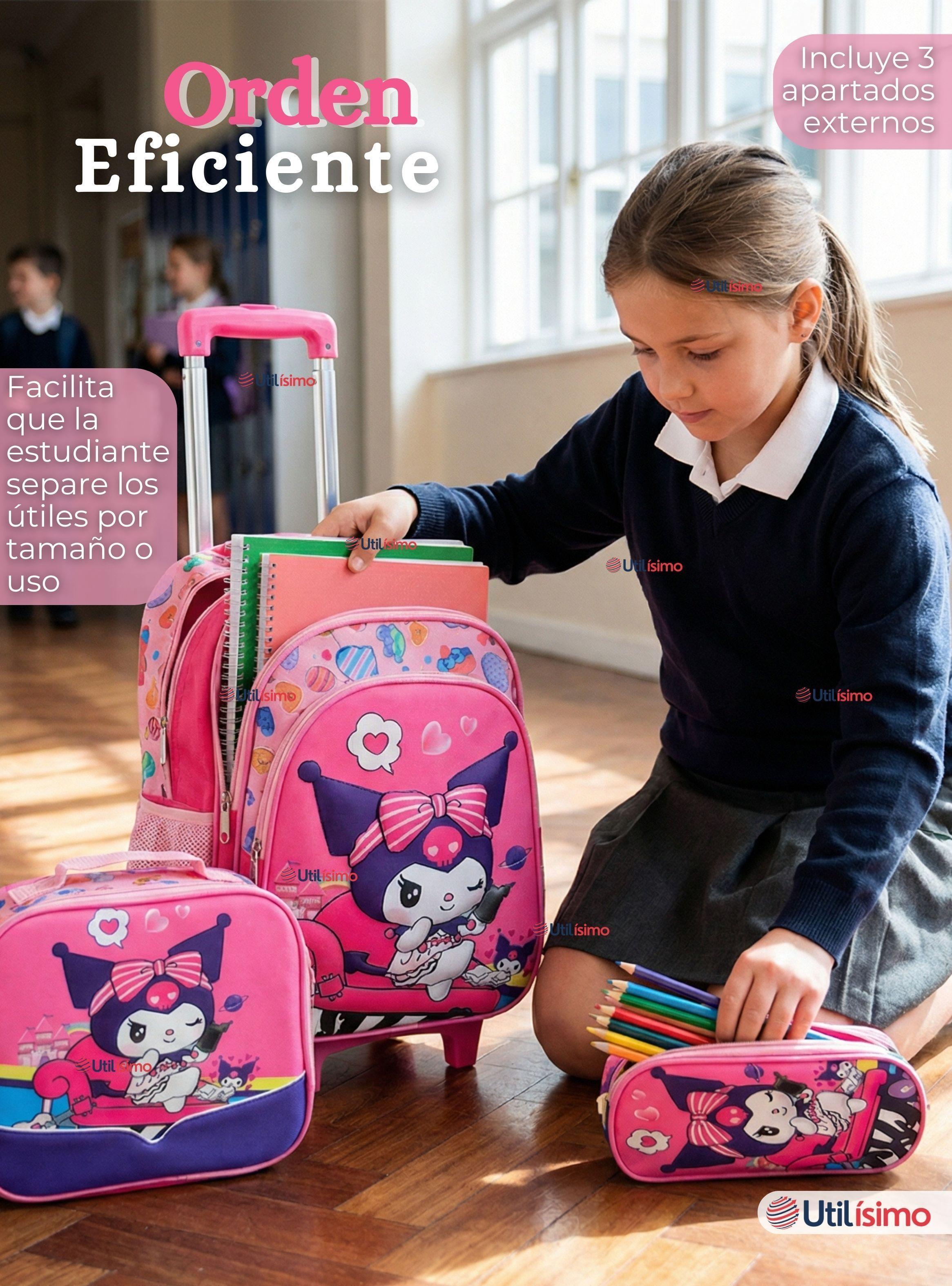 Mochila Escolar Kuromi 3D Con Ruedas Desmontable + Estuche + Lonchera Poliéster Color  Rosa Niña-7