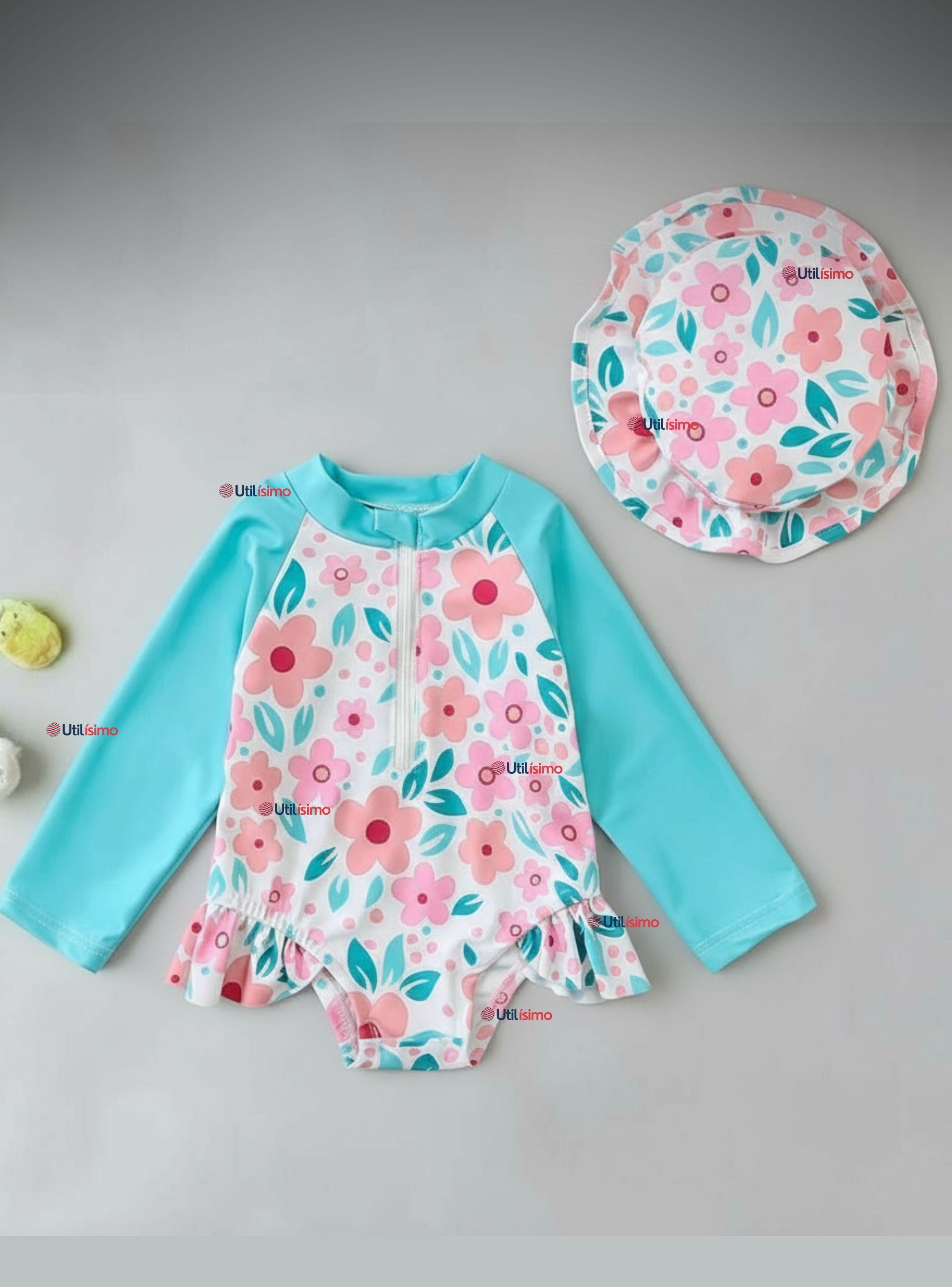 Traje de Baño Enterito Manga Larga Con Gorro 2 Piezas Niña de 9 a 36 Meses Turquesa-0