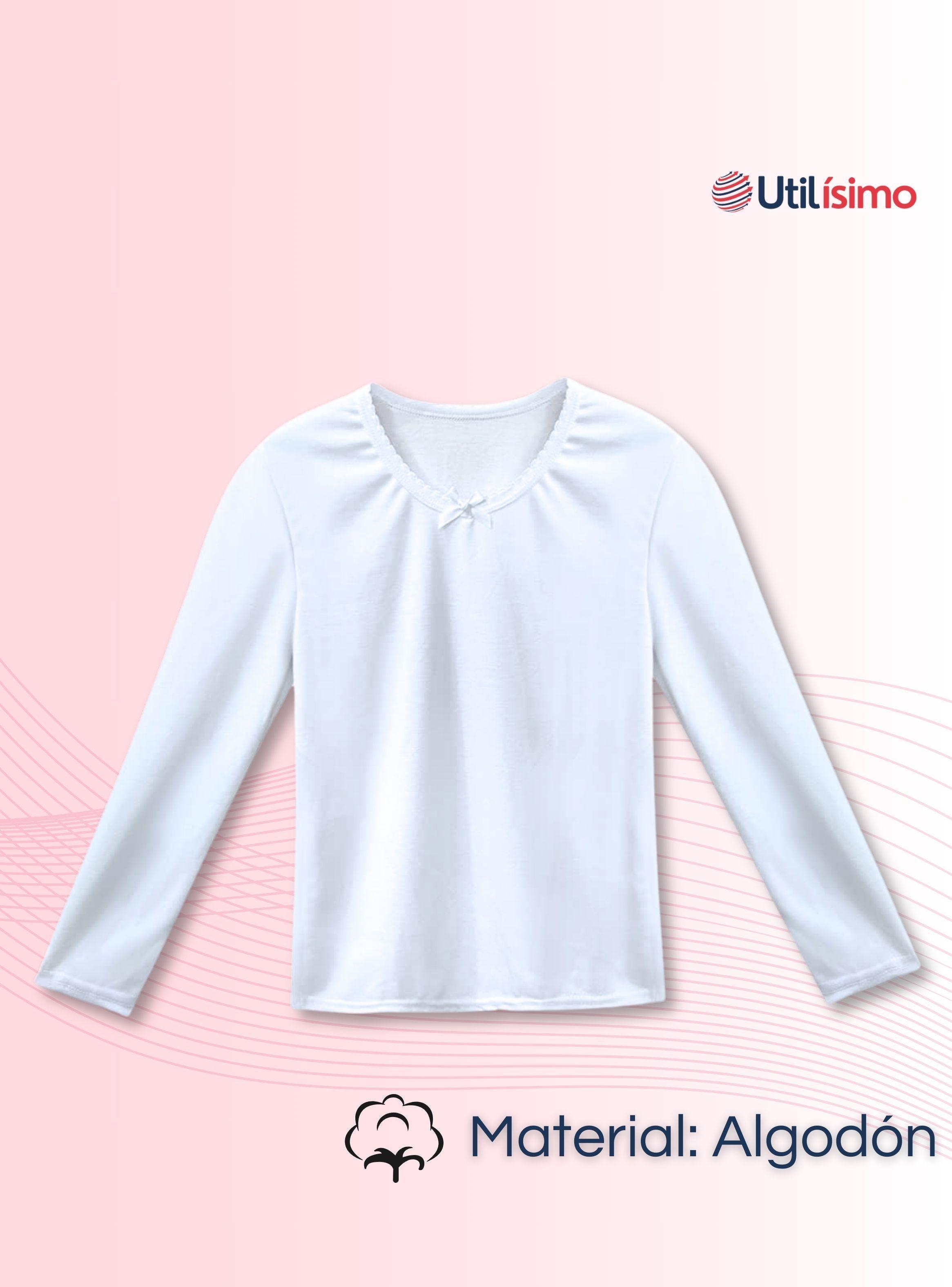 Camiseta Algodón Manga Larga Polera Niña Primera Capa Cuello Redondo Blanca-2