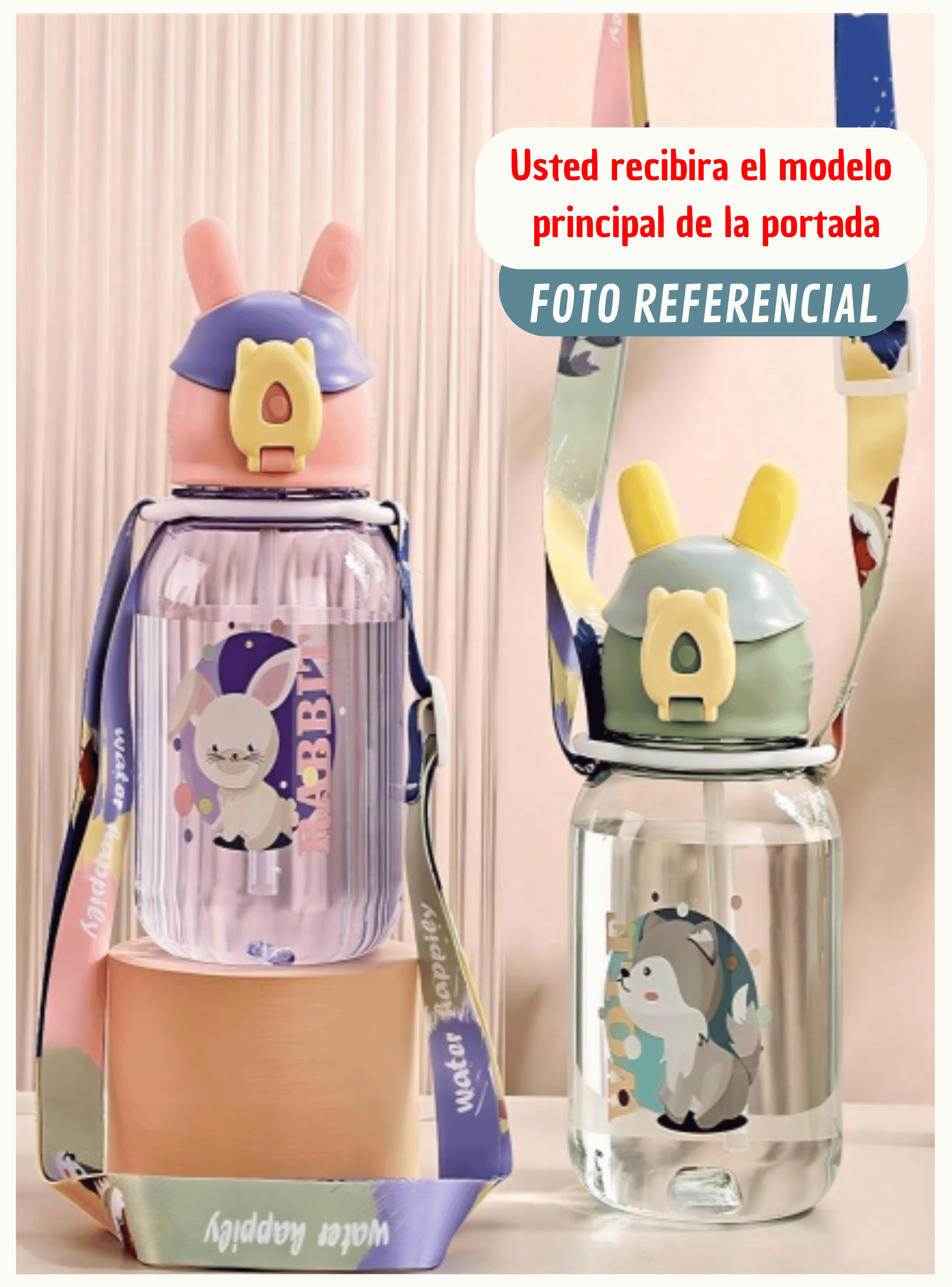 Botella Plástica 600ML Con Bombilla y Correa Kawai Sin BPA Niños Rabbit-2