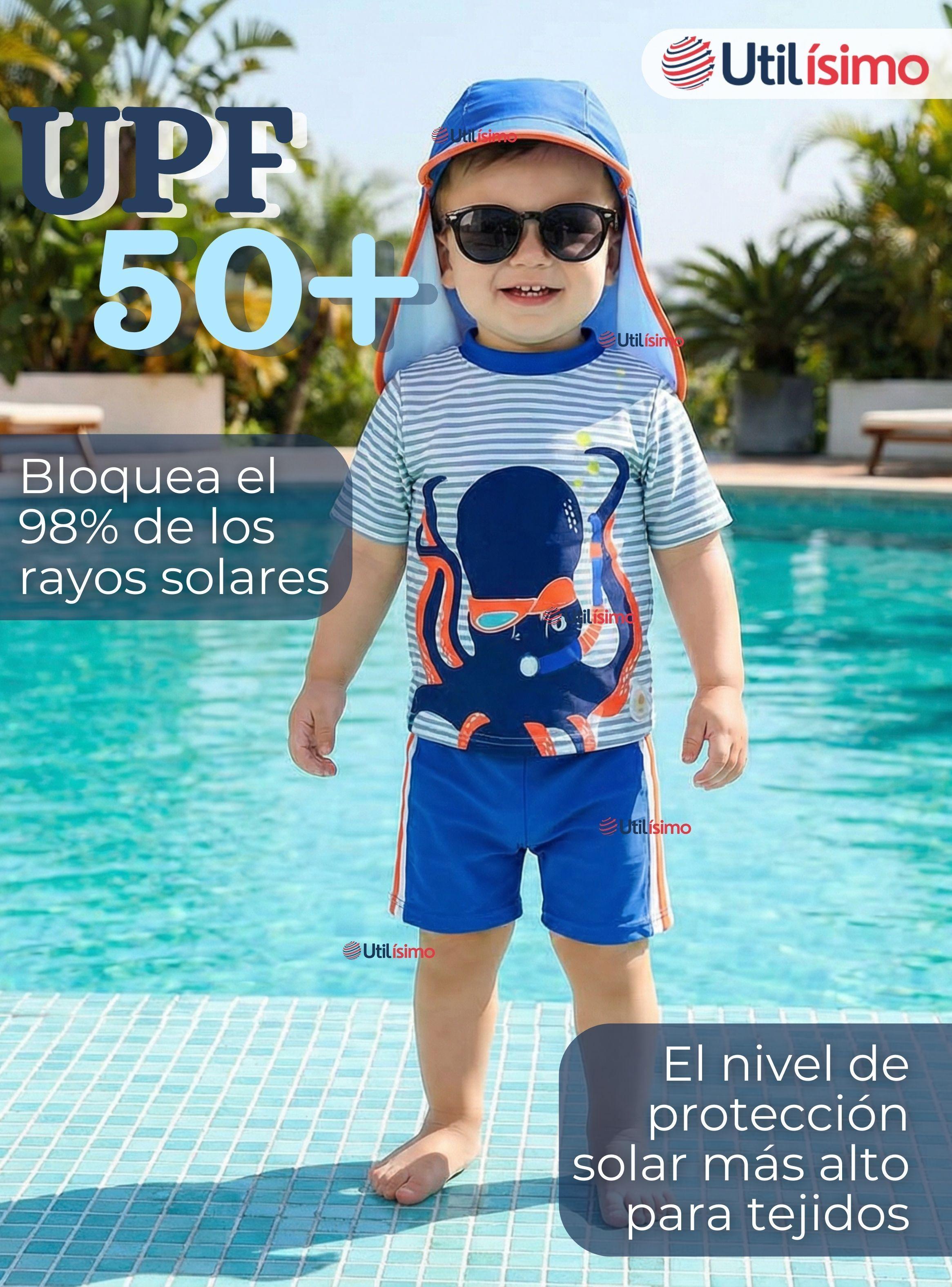 Traje de Baño Con Gorro Pantalón Corto Manga Corta 3 Piezas Corte Split Niño 1 a 5 años Blue Octopus-4