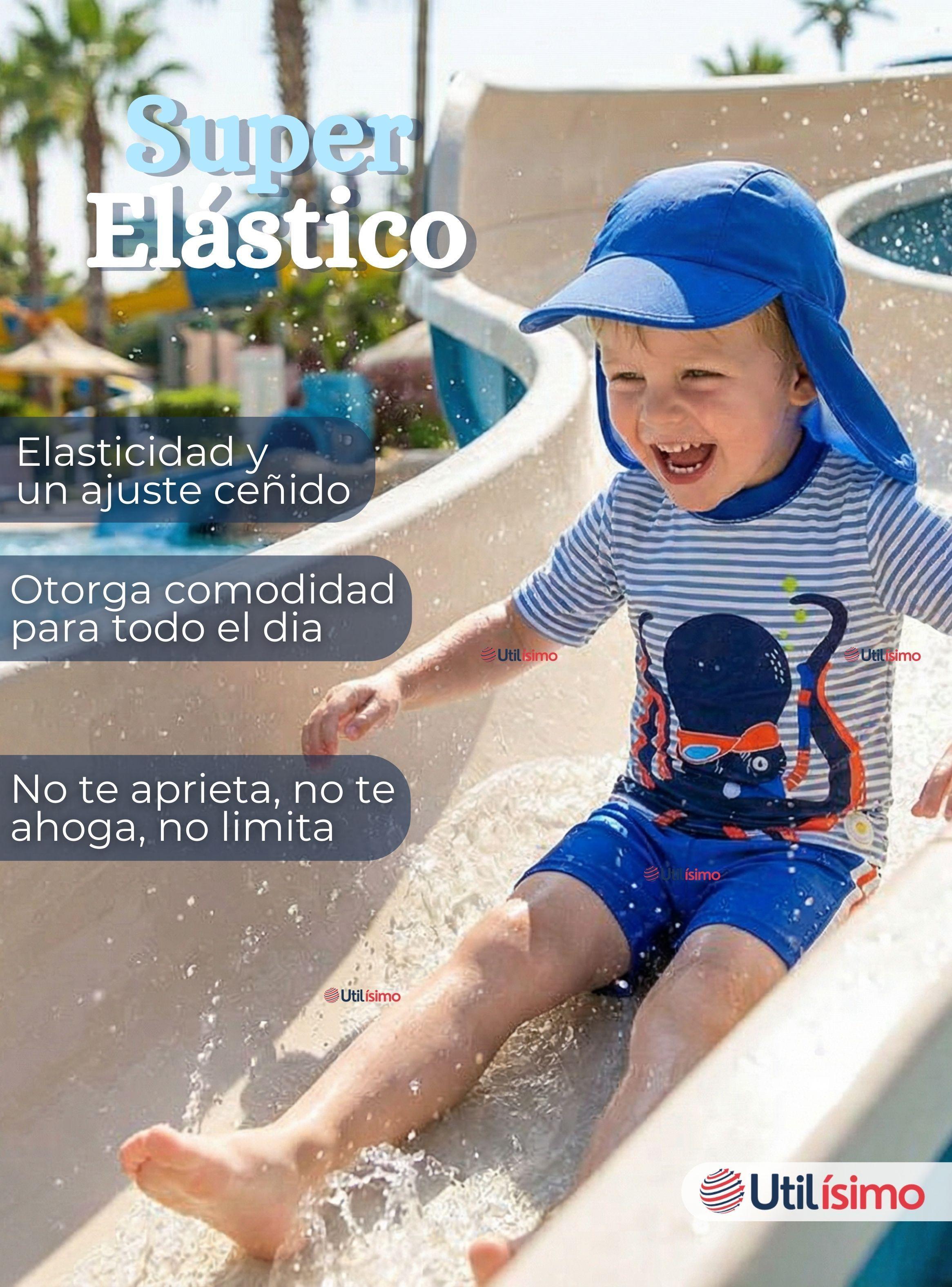 Traje de Baño Con Gorro Pantalón Corto Manga Corta 3 Piezas Corte Split Niño 1 a 5 años Blue Octopus-5