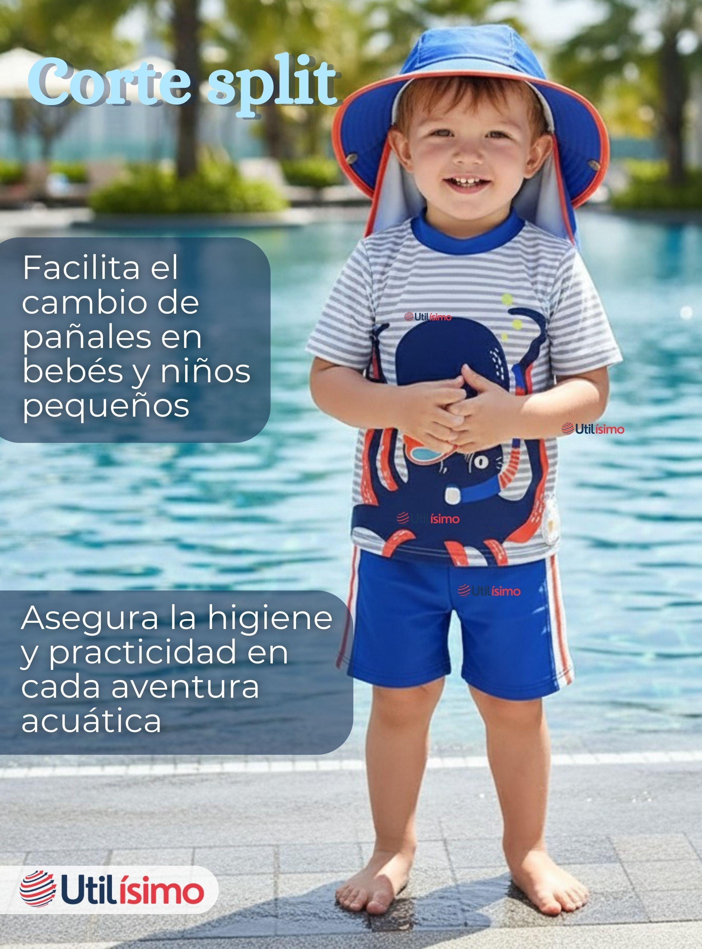 Traje de Baño Con Gorro Pantalón Corto Manga Corta 3 Piezas Corte Split Niño 1 a 5 años Blue Octopus-6