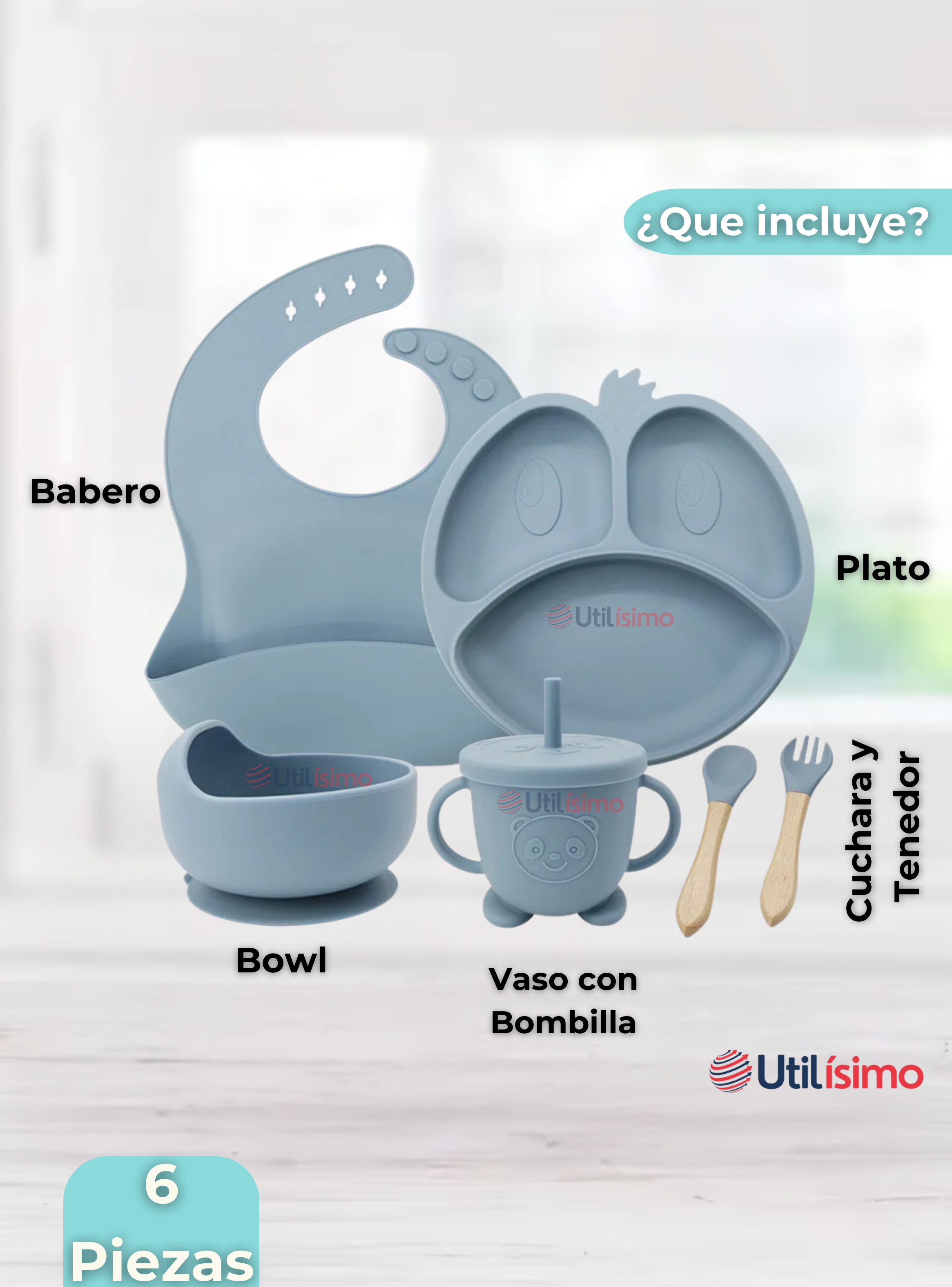 Set De Alimentación Bebé Silicona De Formas 6 Piezas Libre BPA Celeste-5