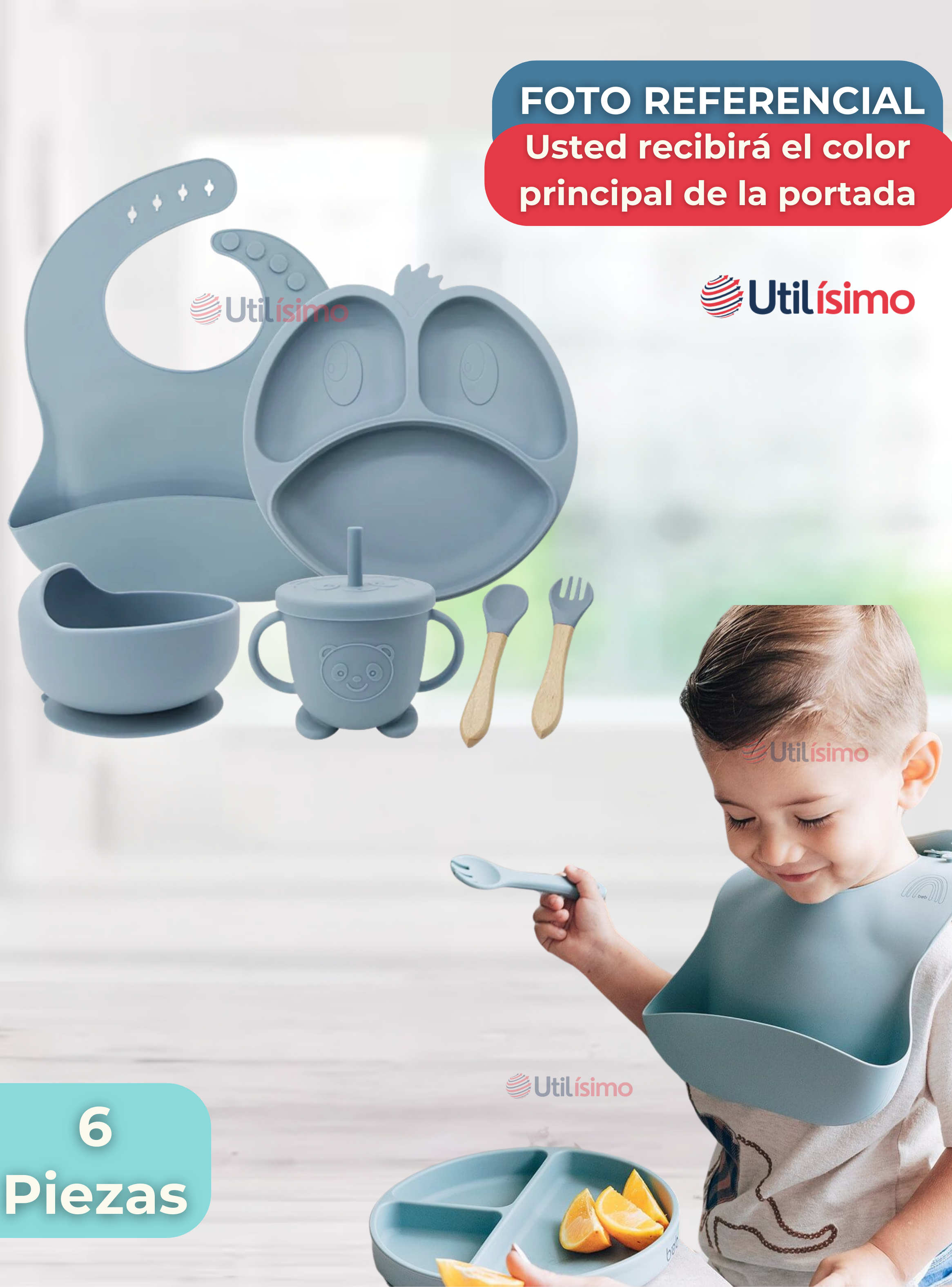 Set De Alimentación Bebé Silicona De Formas 6 Piezas Libre BPA Celeste-6