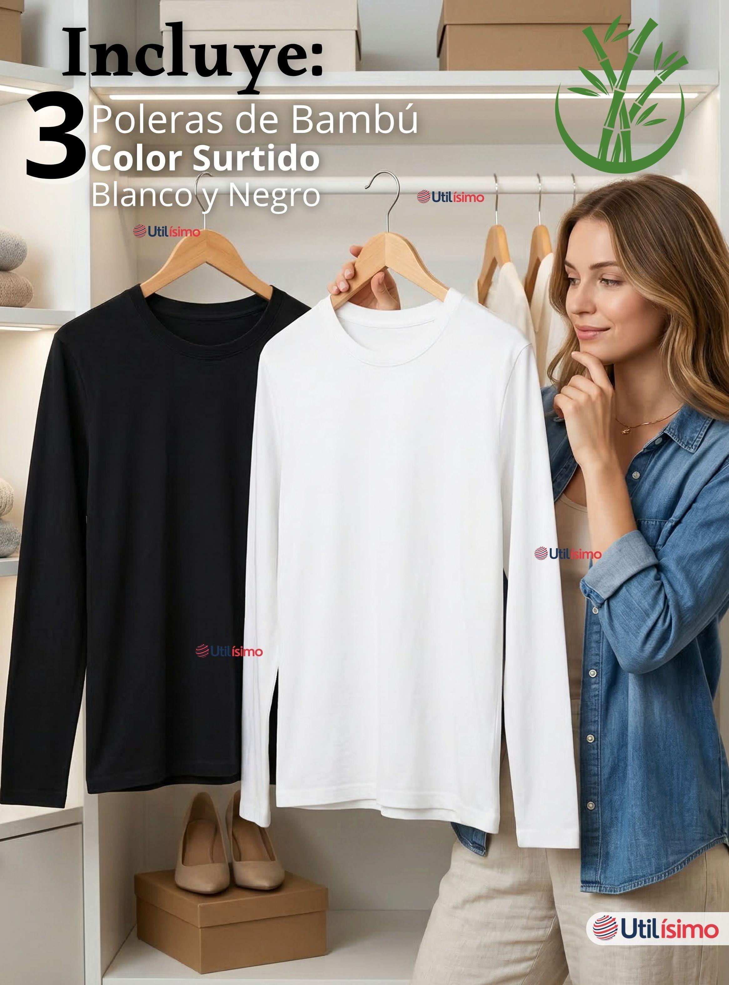 Pack 3 Camisetas Poleras Bambú Primera Capa Manga Larga Blanco Negro Mujer-2