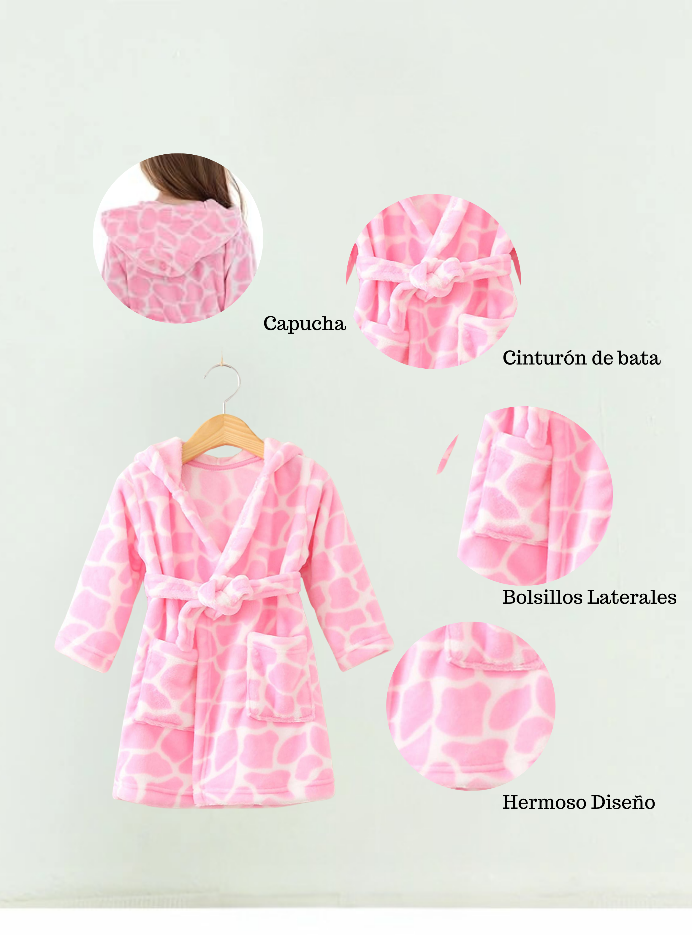 Batas De Baño Con Capucha Y Bolsillos Niña Polar Rosado-5