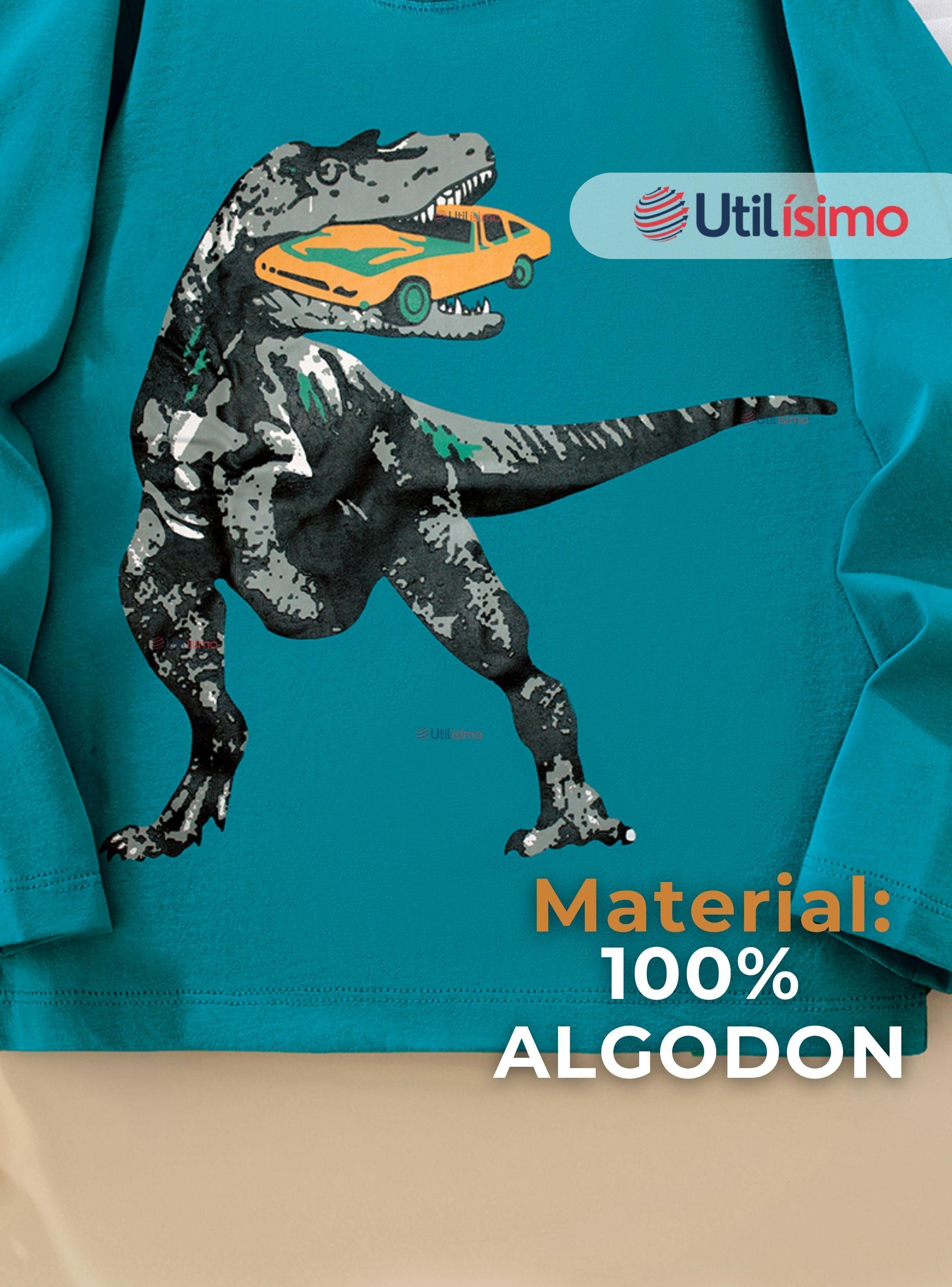 Polera Algodón Manga Larga Niño Camiseta Dinosaurio verde-6