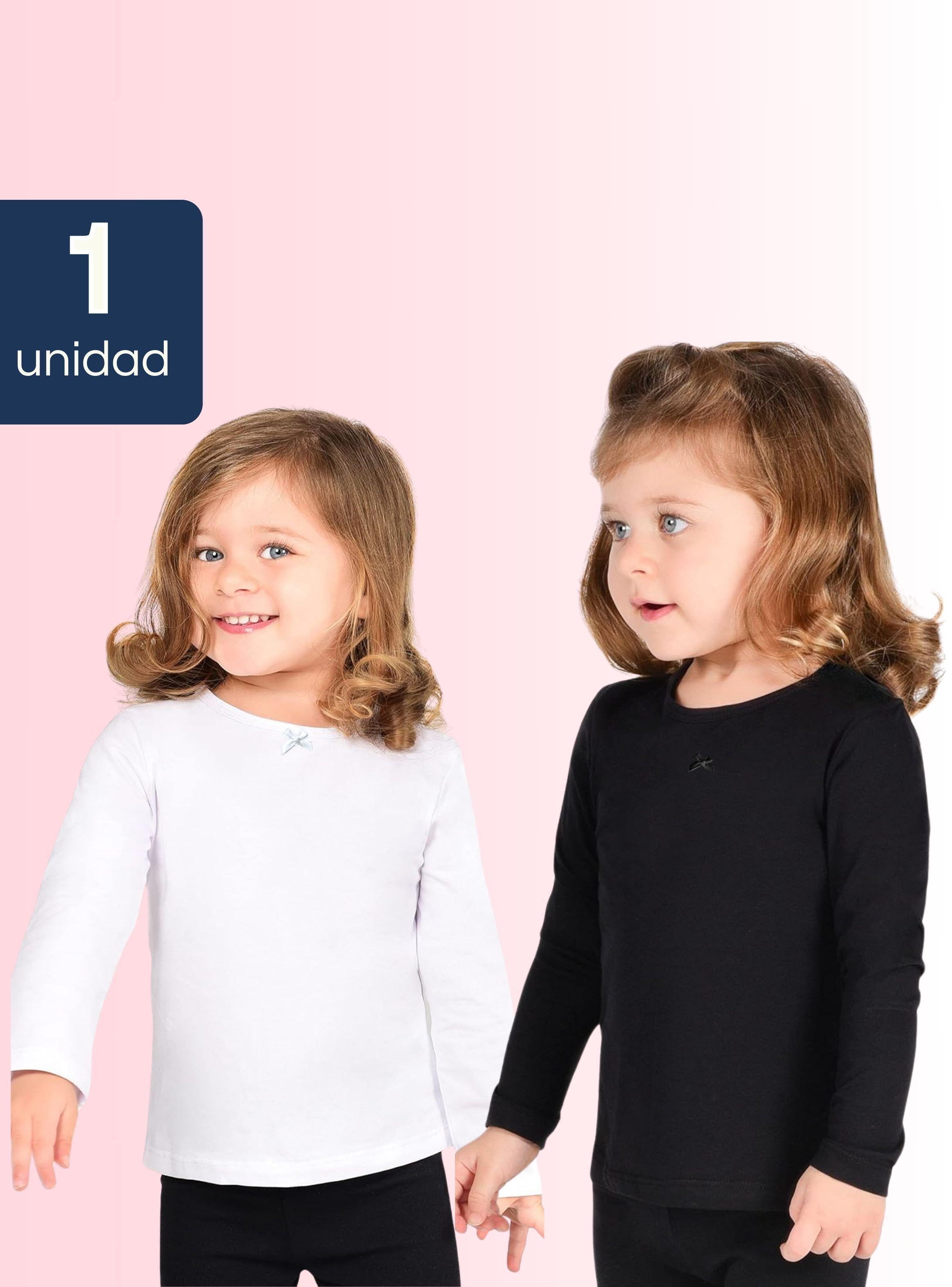 Camiseta Algodón Manga Larga Polera Primera Capa Niña Cuello Redondo Blanco Negra-0