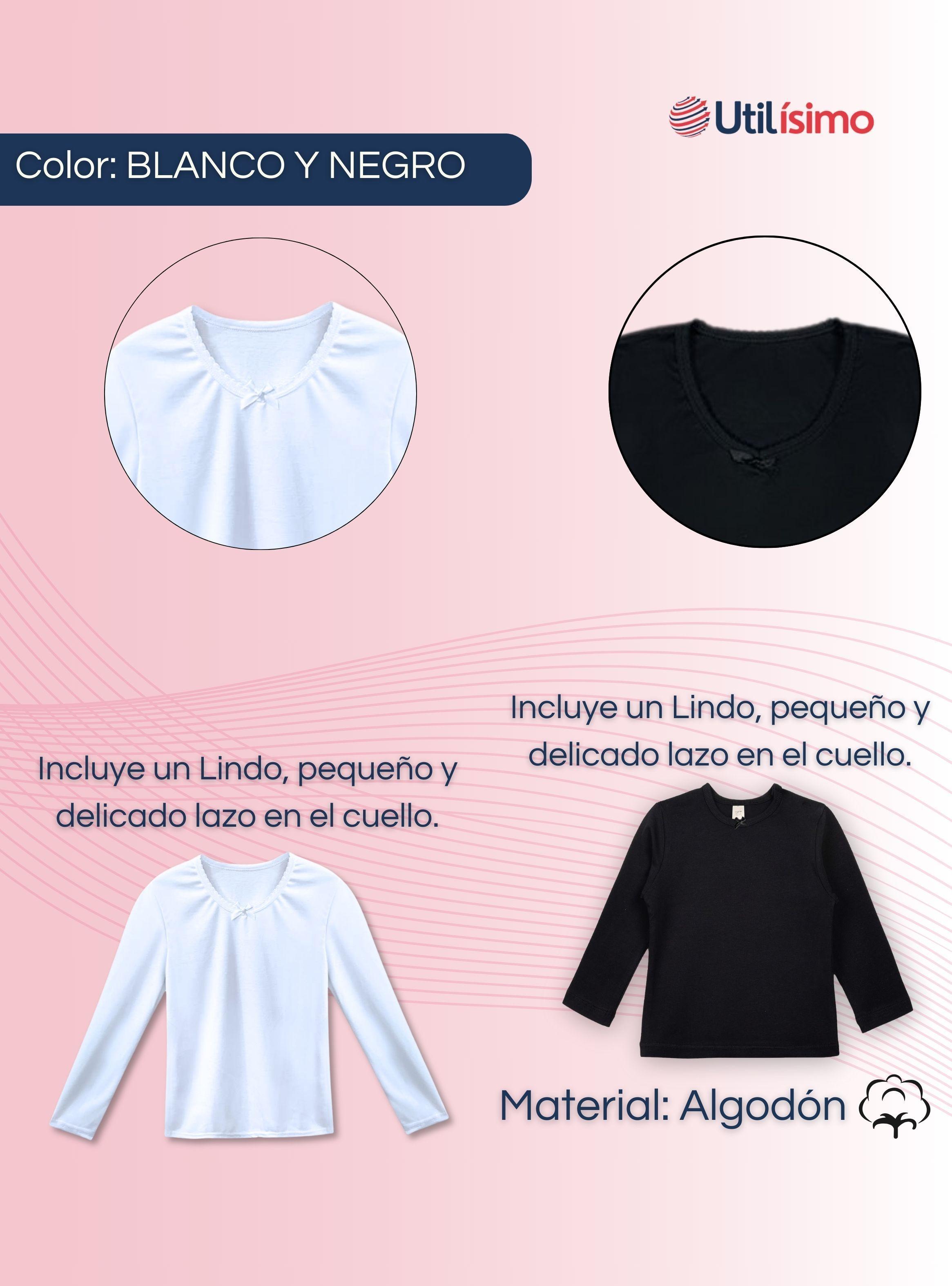Camiseta Algodón Manga Larga Polera Primera Capa Niña Cuello Redondo Blanco Negra-3