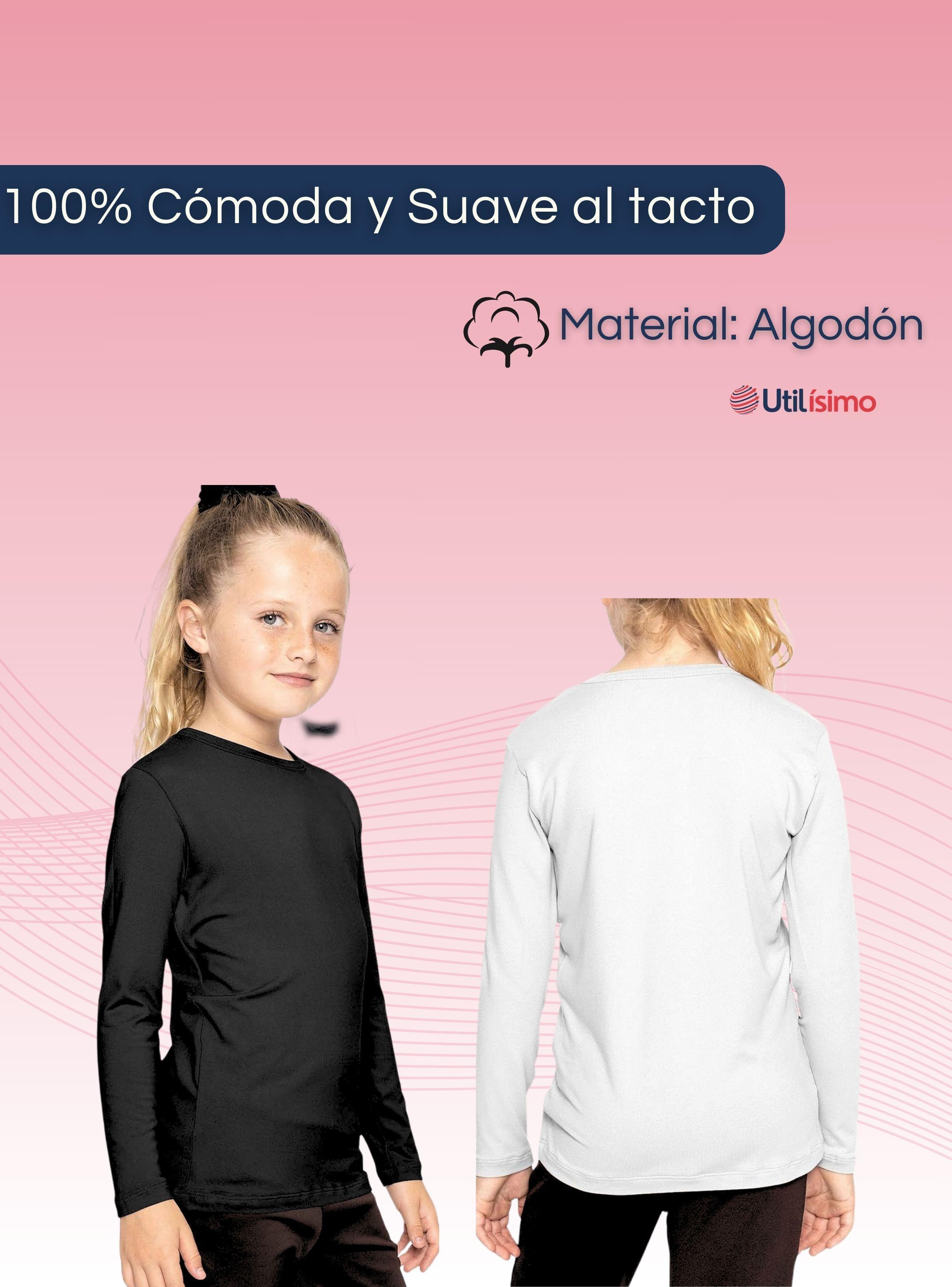 Camiseta Algodón Manga Larga Polera Primera Capa Niña Cuello Redondo Blanco Negra-4