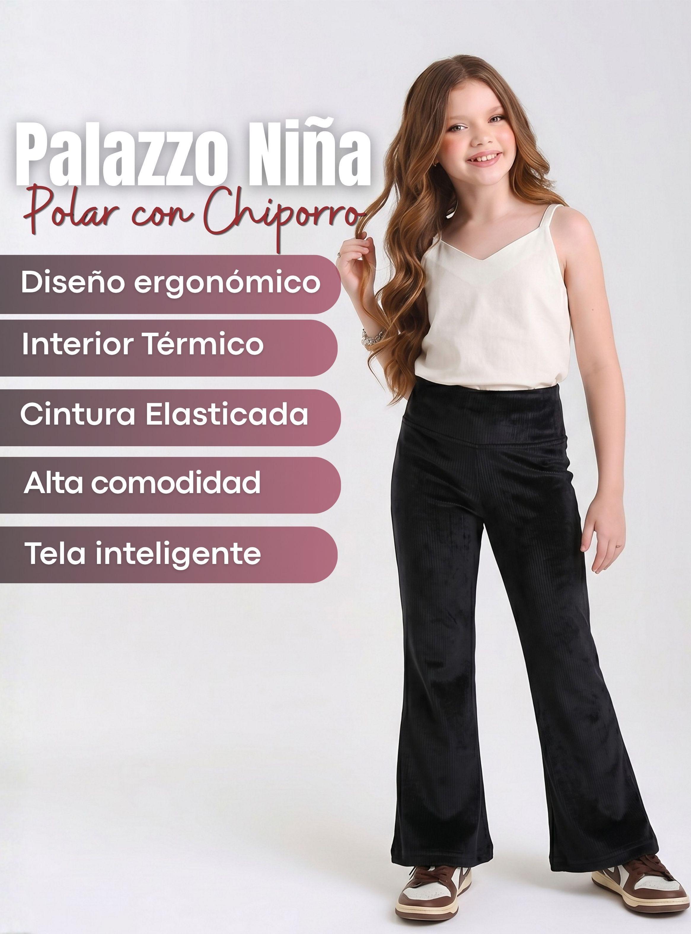 Pantalón Palazzo Polar Con Chiporro Niña Calza Elasticada Térmica Negra-3
