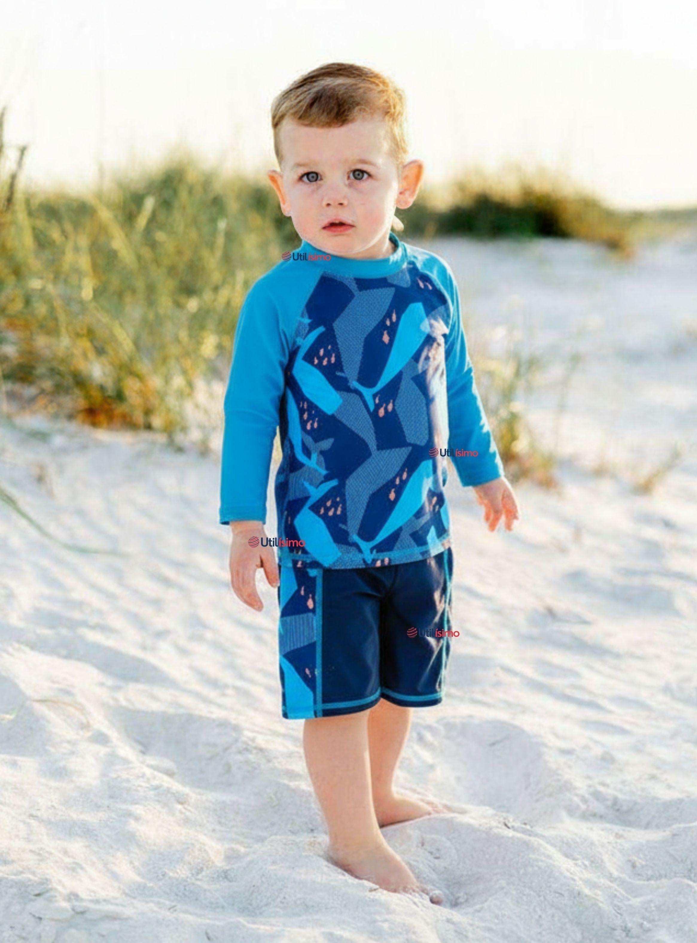 Traje de Baño Manga Larga Pantalón Corto 2 Piezas Corte Split Niño 3 a 9 años Blue-0